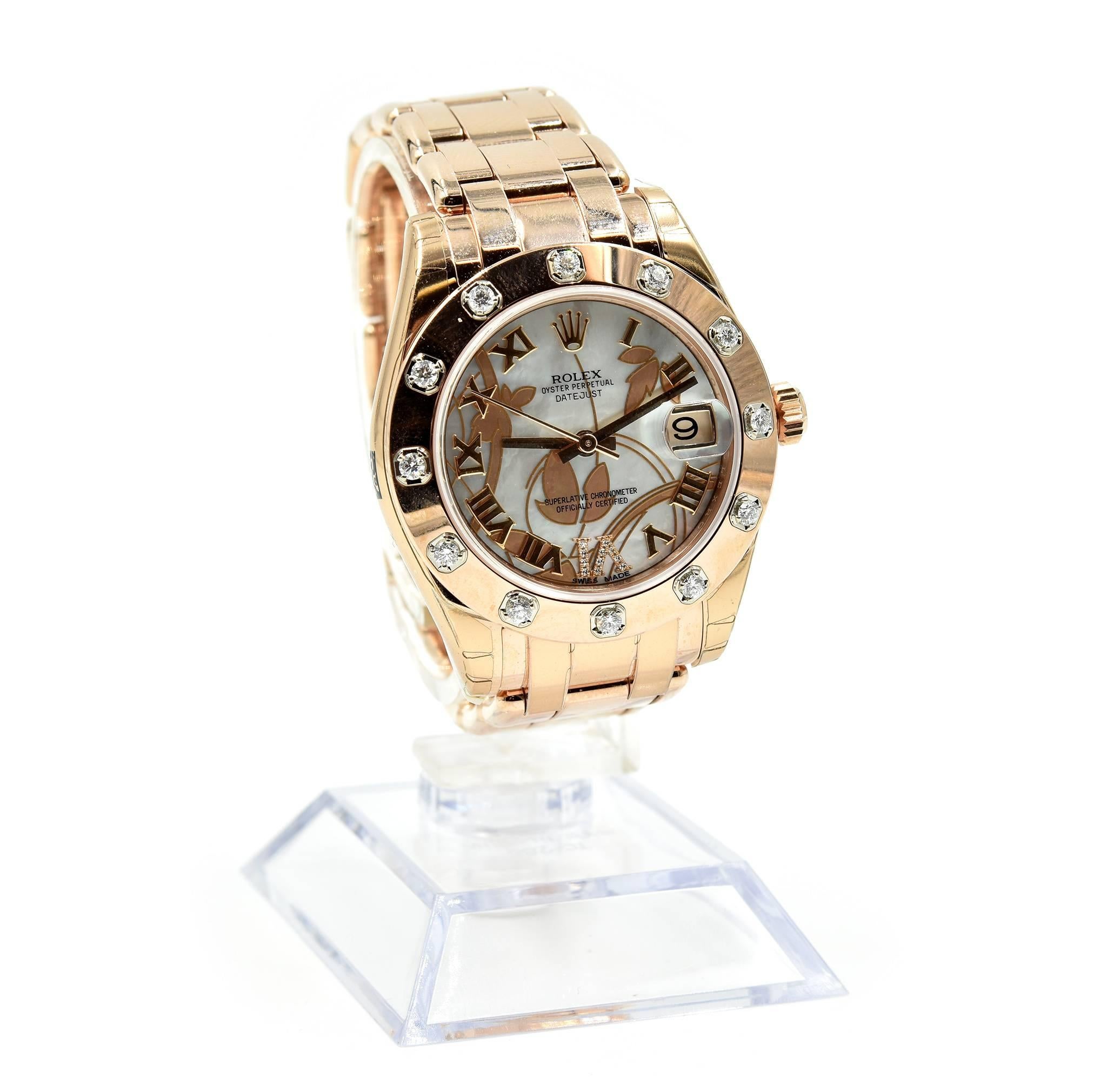 Movement: Swiss made Rolex caliber 2235 automatic movement
Function: hours, minutes, seconds, date
Case: round 34mm 18k rose gold case with factory 18k rose gold 12-stone diamond bezel, screw down crown, sapphire protective crystal, waterproof to