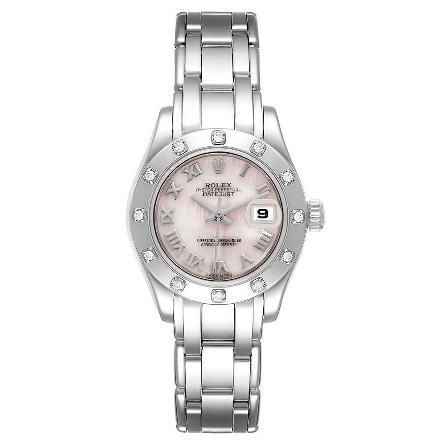 Rolex Masterpiece Pearlmaster White Gold MOP Dial Diamond Ladies Watch 80319. Officially certified chronometer self-winding movement with quickset date function. 18k white gold oyster case 29.0 mm in diameter. Rolex logo on a crown. 18k white gold