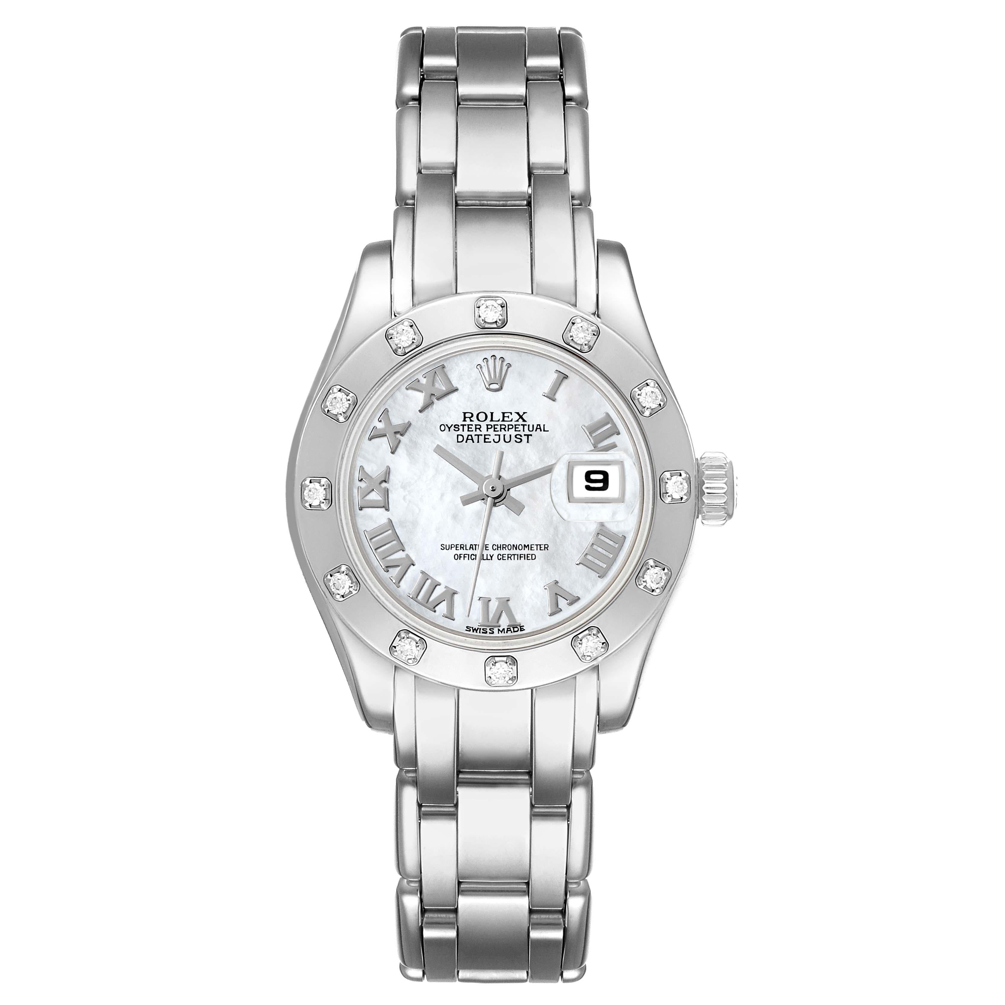 Rolex Masterpiece Pearlmaster White Gold Mother Of Pearl Dial Diamond Ladies Watch 80319. Officially certified chronometer self-winding movement with quickset date function. 18k white gold oyster case 29.0 mm in diameter. Rolex logo on a crown. 18k