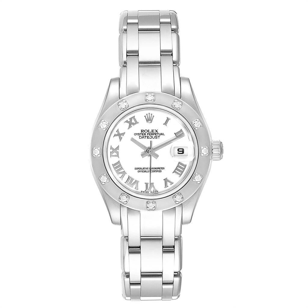 Rolex Masterpiece Pearlmaster White Gold Roman Dial Diamond Watch 80319. Officially certified chronometer self-winding movement with quickset date function. 18k white gold oyster case 29.0 mm in diameter. Rolex logo on a crown. 18k white gold