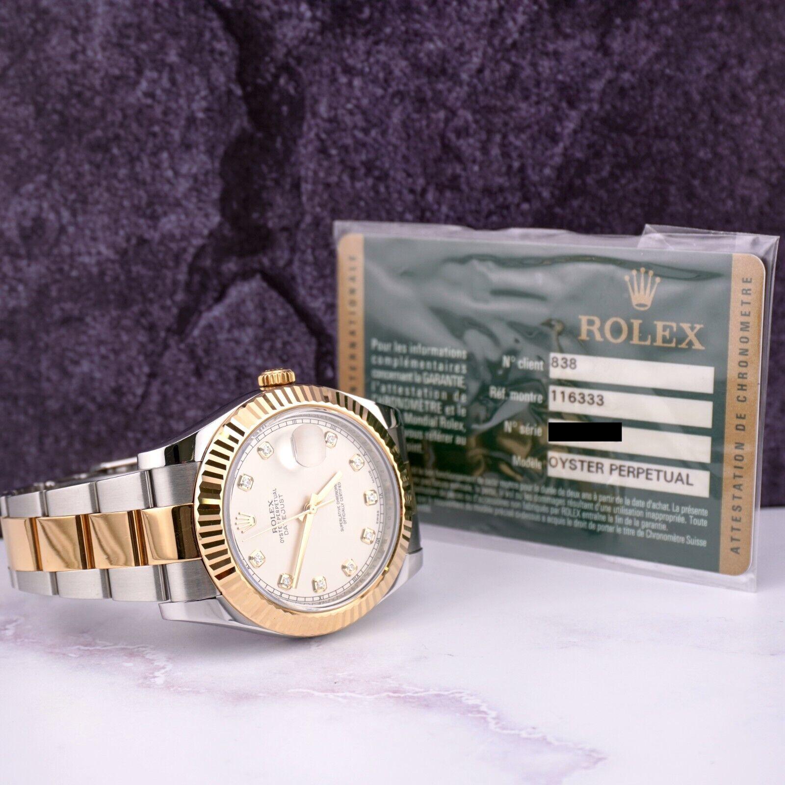 Rolex Men Datejust II 41mm 18kGold&Steel Oyster Ivory Diamond Dial Watch 116333 For Sale 4