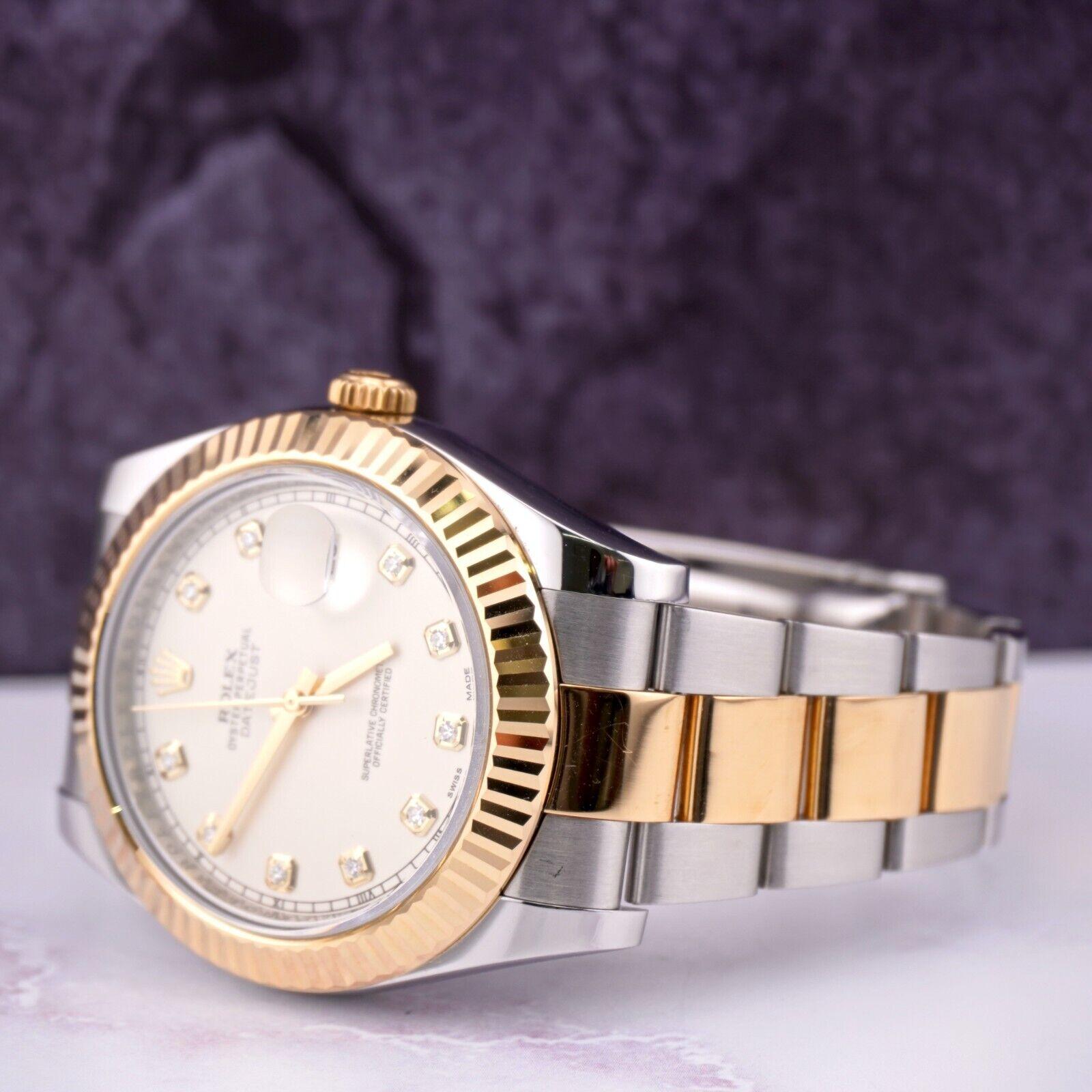 Women's or Men's Rolex Men Datejust II 41mm 18kGold&Steel Oyster Ivory Diamond Dial Watch 116333 For Sale