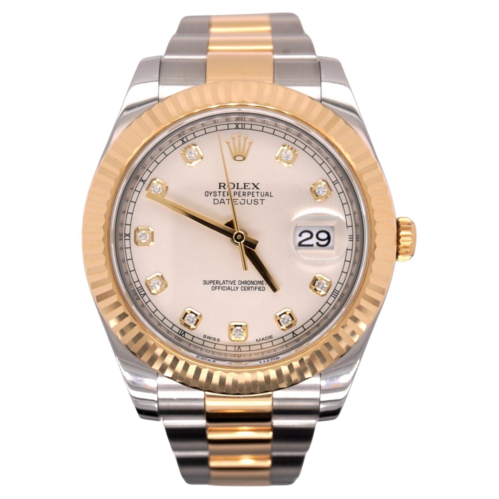 Rolex Men Datejust II 41mm 18kGold&Steel Oyster Ivory Diamond Dial Watch 116333 For Sale
