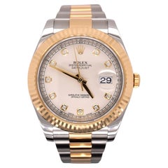 Used Rolex Men Datejust II 41mm 18kGold&Steel Oyster Ivory Diamond Dial Watch 116333
