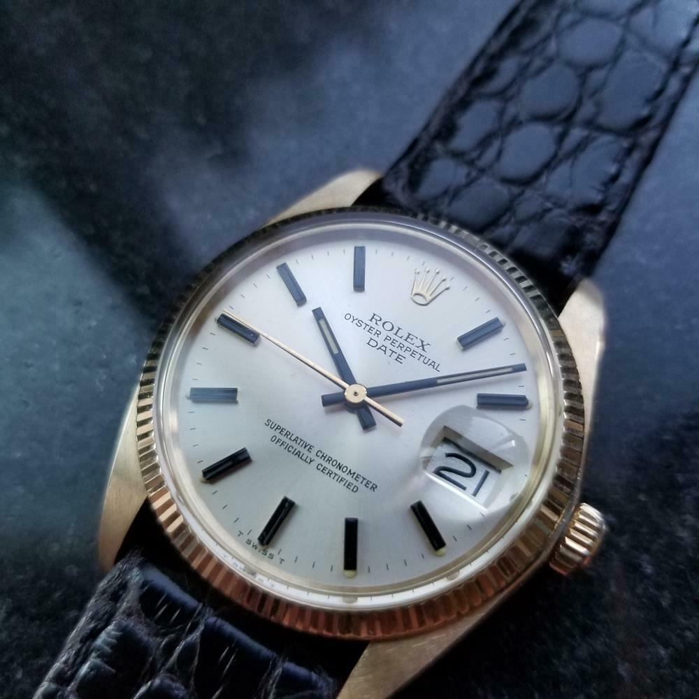 Iconic luxury, men's solid 14kt gold Rolex Oyster Perpetual Date 1503 automatic, c.1978. Verified authentic by a master watchmaker. Gorgeous silver Rolex dial, applied black indice hour markers, black minute and hour hands, sweeping central second