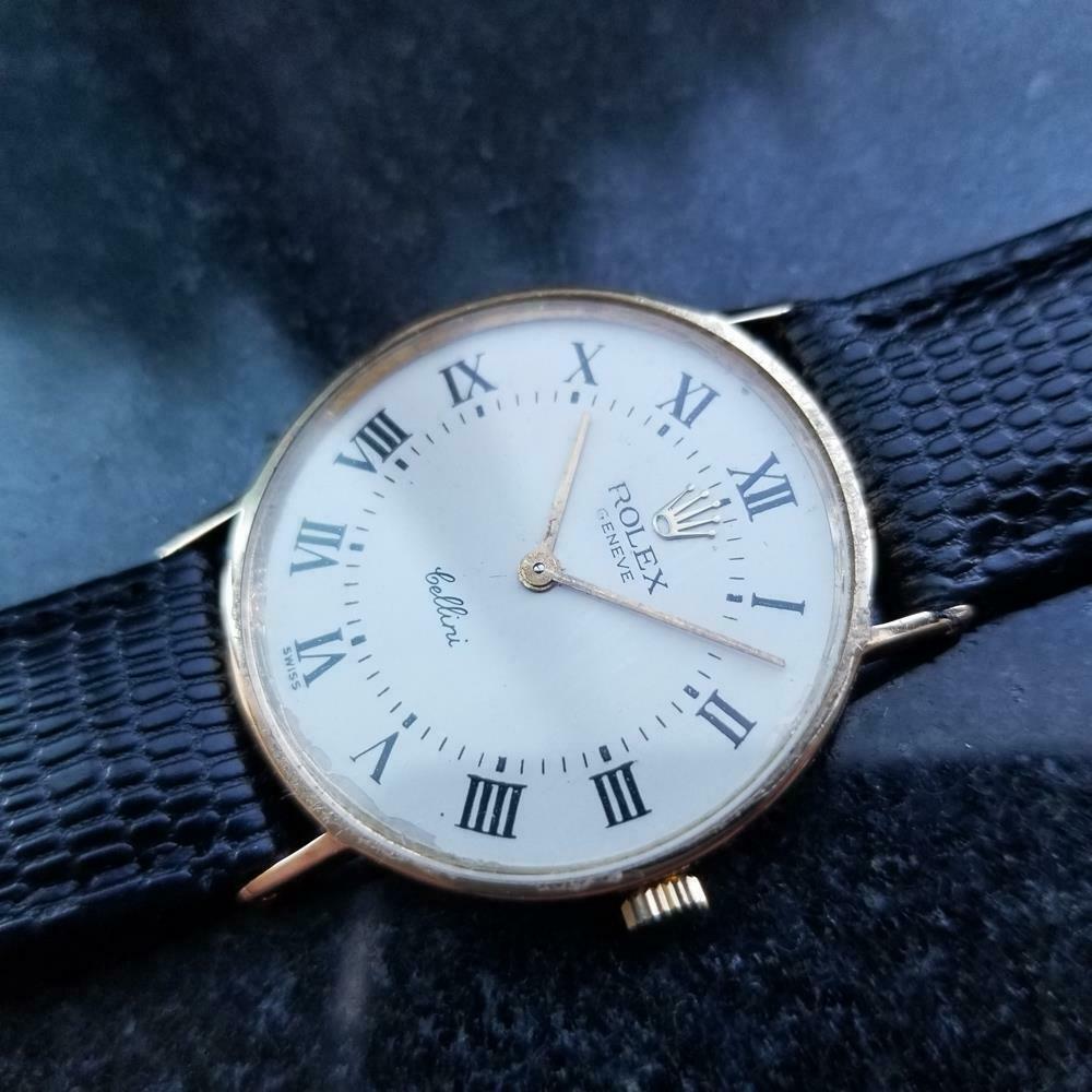 Luxury icon, men's 18k solid gold Rolex Cellini Geneve ref.3833 hand-wind, c.1970s. Verified authentic by a master watchmaker. Gorgeous white Rolex signed dial, black Roman numeral hour markers, minute track, gold minute and hour hands, hands and