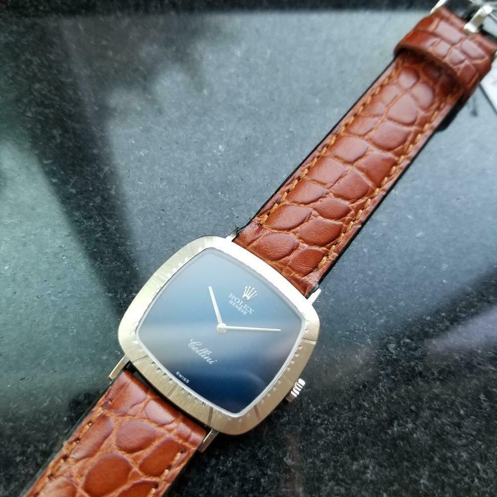 Luxurious elegance, men's midsize 18k white gold Rolex Cellini 4084 hand-wind, c.1976. Verified authentic by a master watchmaker. Stunning blue Rolex dial, clean non-hour marks, minute and hour hands, Rolex crown at the 12, hands and dial in