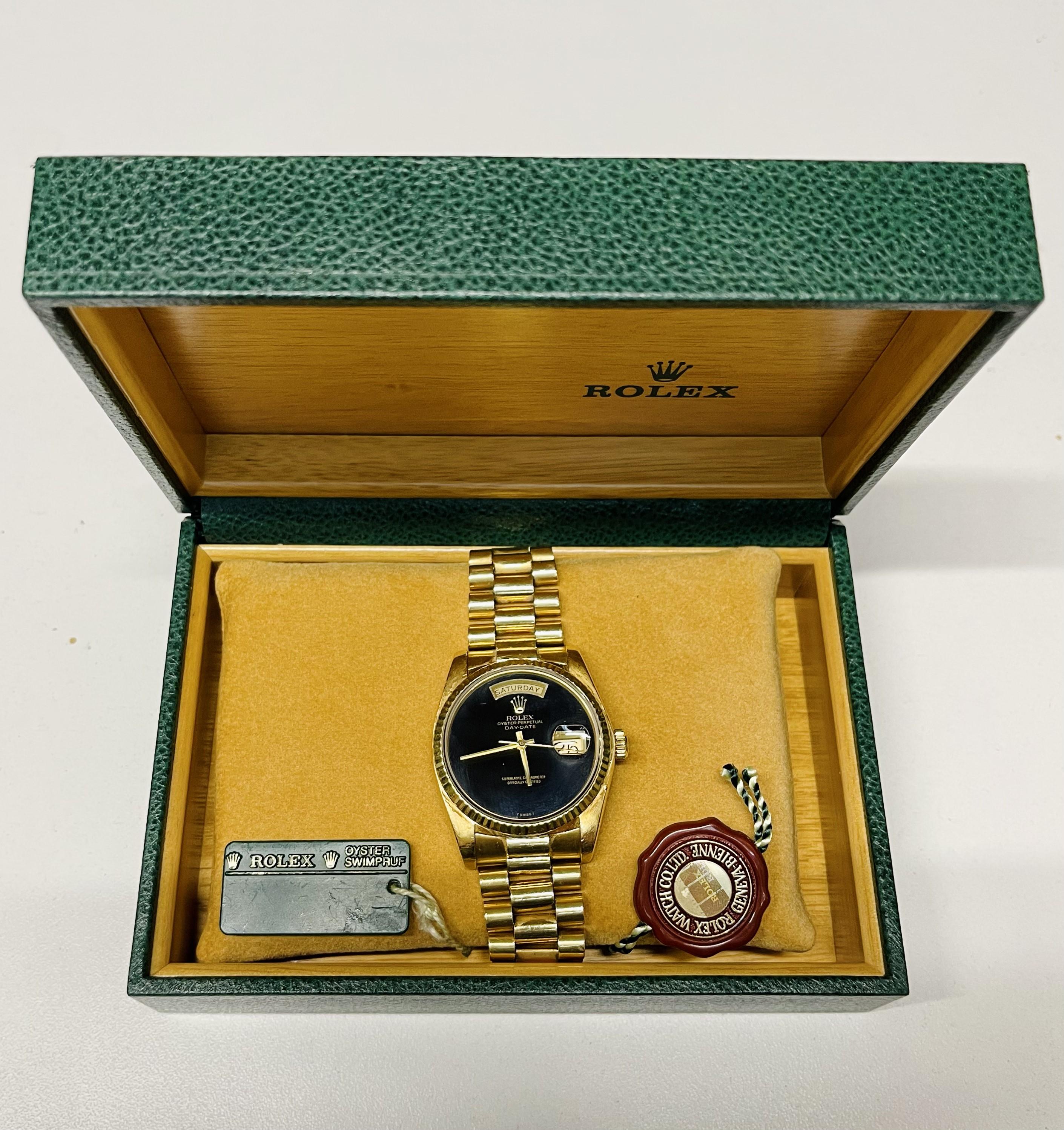 Rolex Men's 18k Yellow Gold Day-Date President Black Onyx Dial Full Set For Sale 4