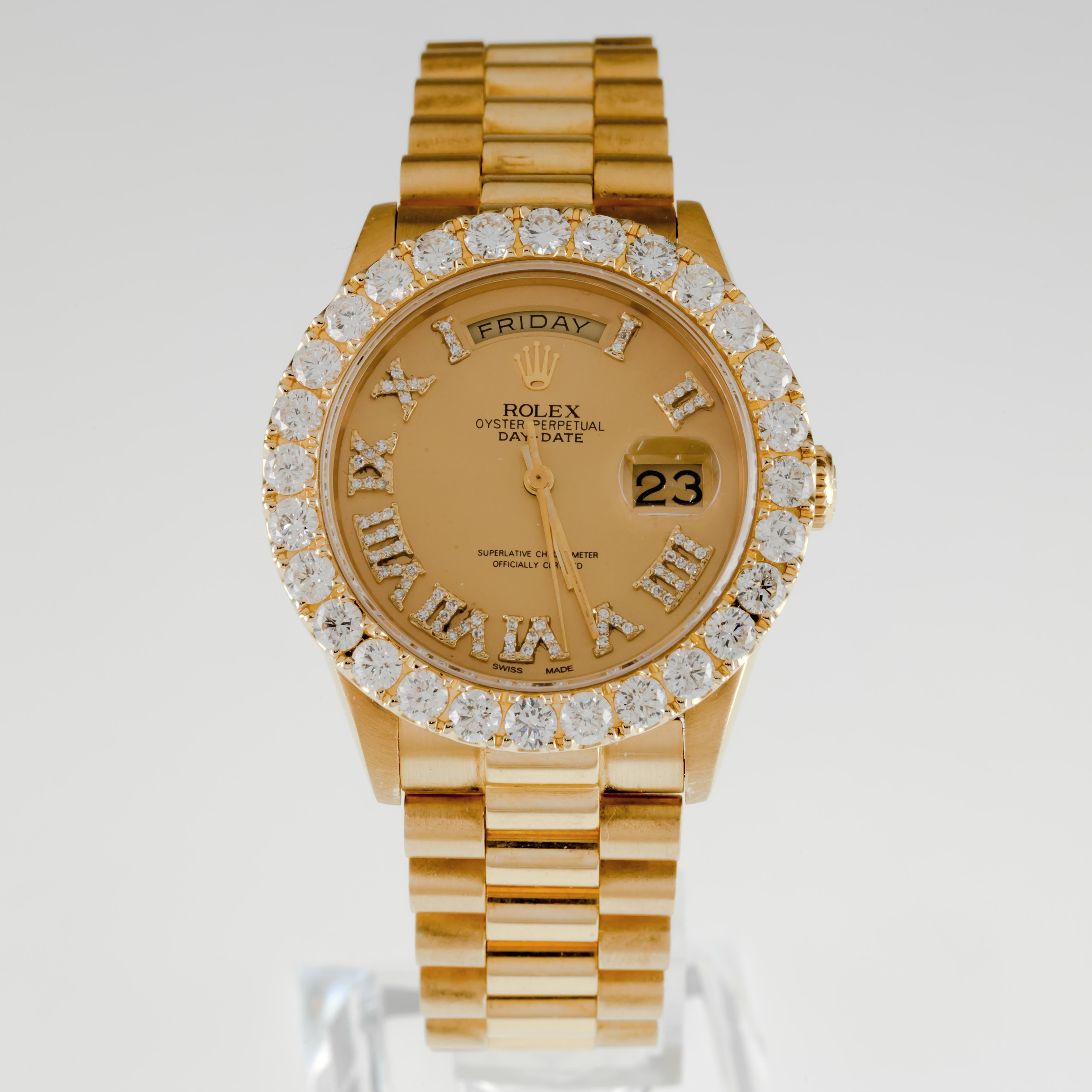 Rolex Men's 18k Yellow Gold President 18038 with Diamond Dial and Bezel
Movement: 3055
Model: 18038
Serial #64799XX
Year: 1980
18k Yellow Gold Case w/ Diamond Bezel
Appx 5 Cts, G - H Color, SI Clarity on Average
36 mm in Diameter (39 mm w/