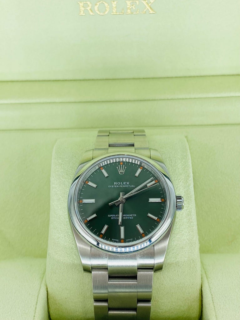 Rolex Men’s Oyster Perpetual Olive Green Dial Watch Mint For Sale at