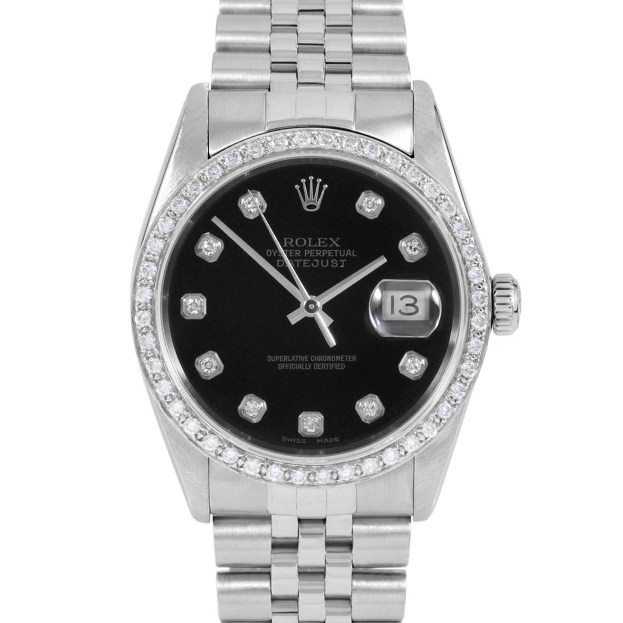 Swiss Wrist - SKU 16014-BLK-DIA-AM-BDS-JBL

Brand : Rolex
Model : Datejust Ref# 16014 - Plastic Quickset Model 
Gender : Mens
Metals :  Stainless Steel
Case Size : 36 mm
Dial : Custom Black Diamond Dial (This dial is not original Rolex And has been