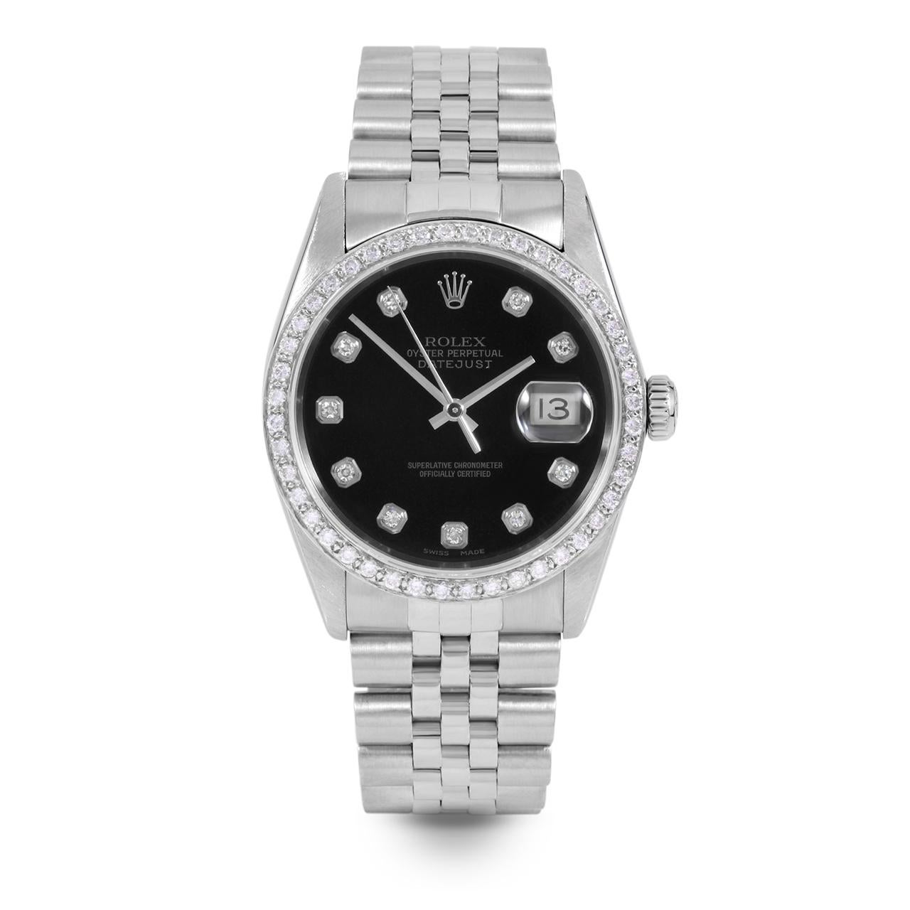 Perle Rolex Mens Datejust Black Diamond Dial Diamond Bezel Jubilee Watch en vente