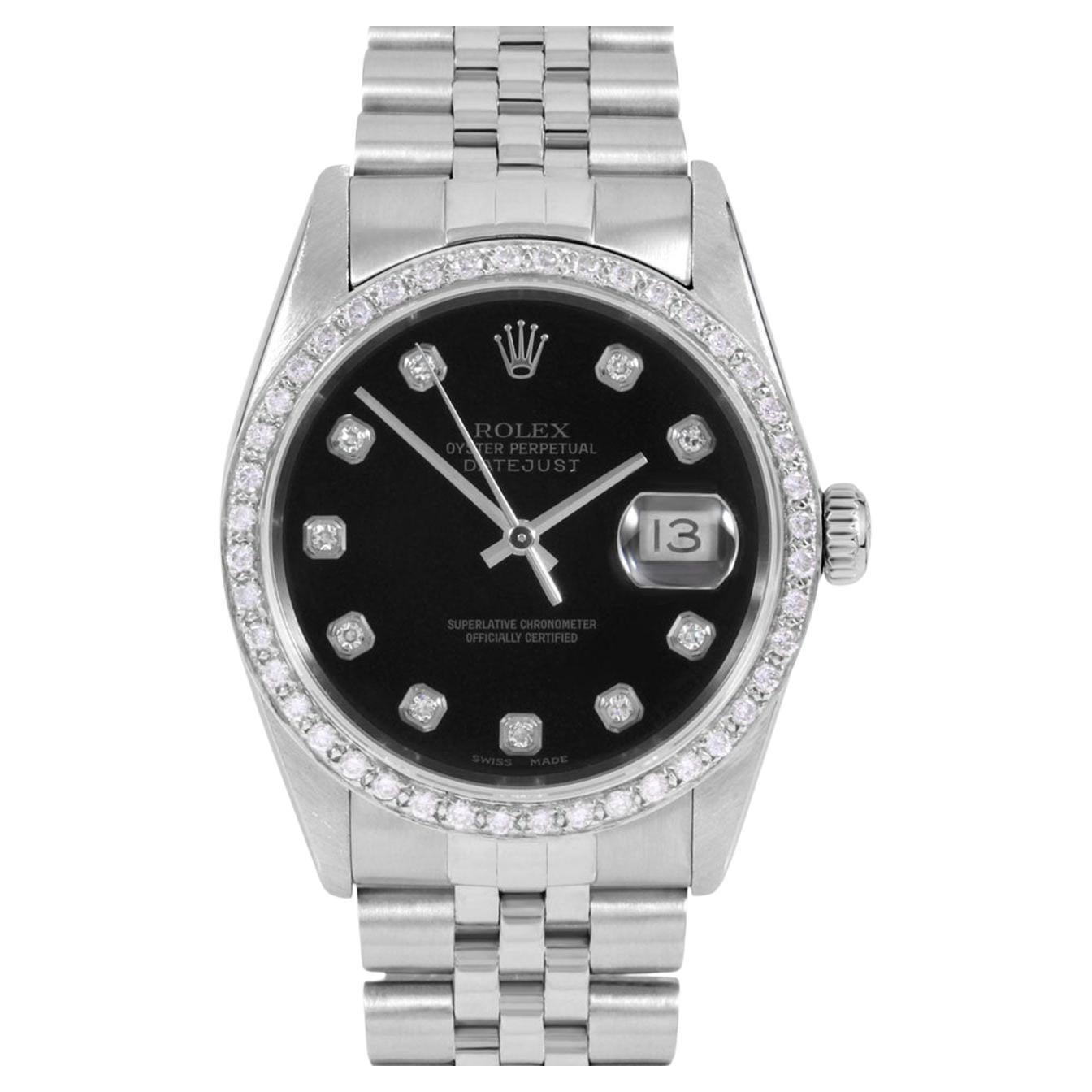 Rolex Mens Datejust Black Diamond Dial Diamond Bezel Jubilee Watch For Sale