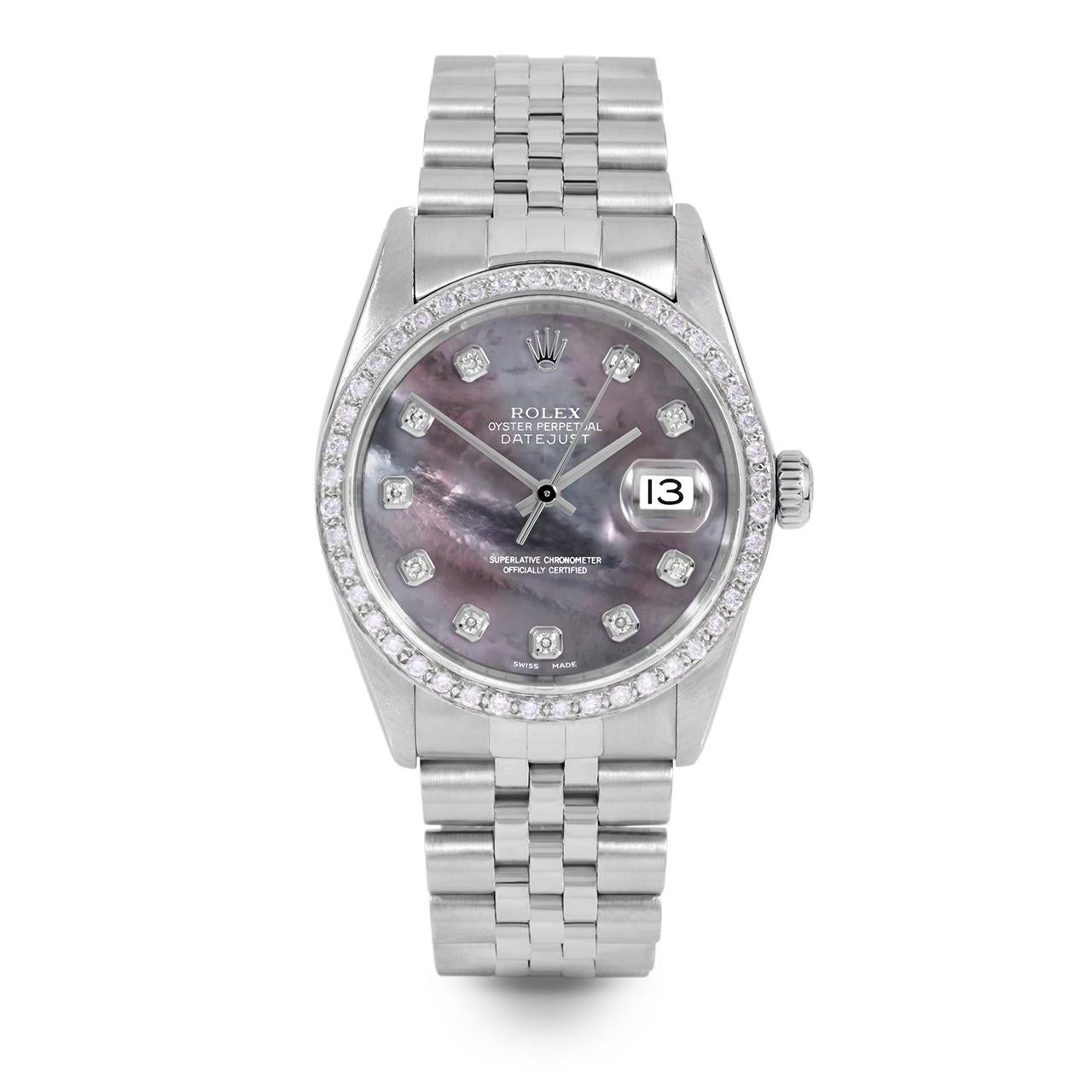 Perle Rolex Mens Datejust Black MOP Diamond Dial Diamond Bezel Jubilee Watch en vente