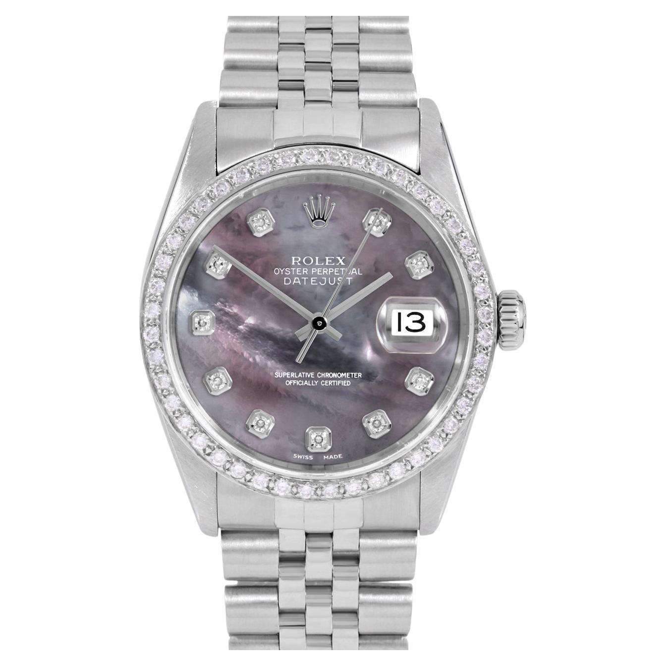 Rolex Mens Datejust Black MOP Diamond Dial Diamond Bezel Jubilee Watch For Sale