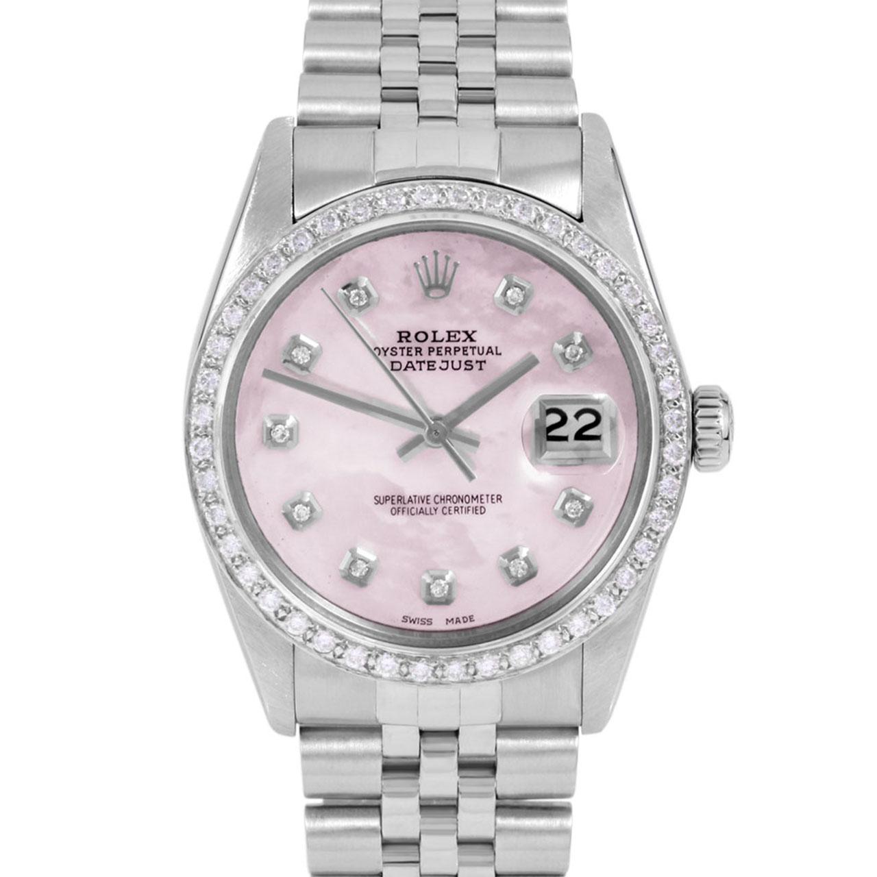 Swiss Wrist - SKU 16014-PMOP-DIA-AM-BDS-JBL

Brand : Rolex
Model : Datejust Ref# 16014 - Plastic Quickset Model 
Gender : Mens
Metals :  Stainless Steel
Case Size : 36 mm
Dial : Custom Pink Mother Of Pearl Diamond Dial (This dial is not original