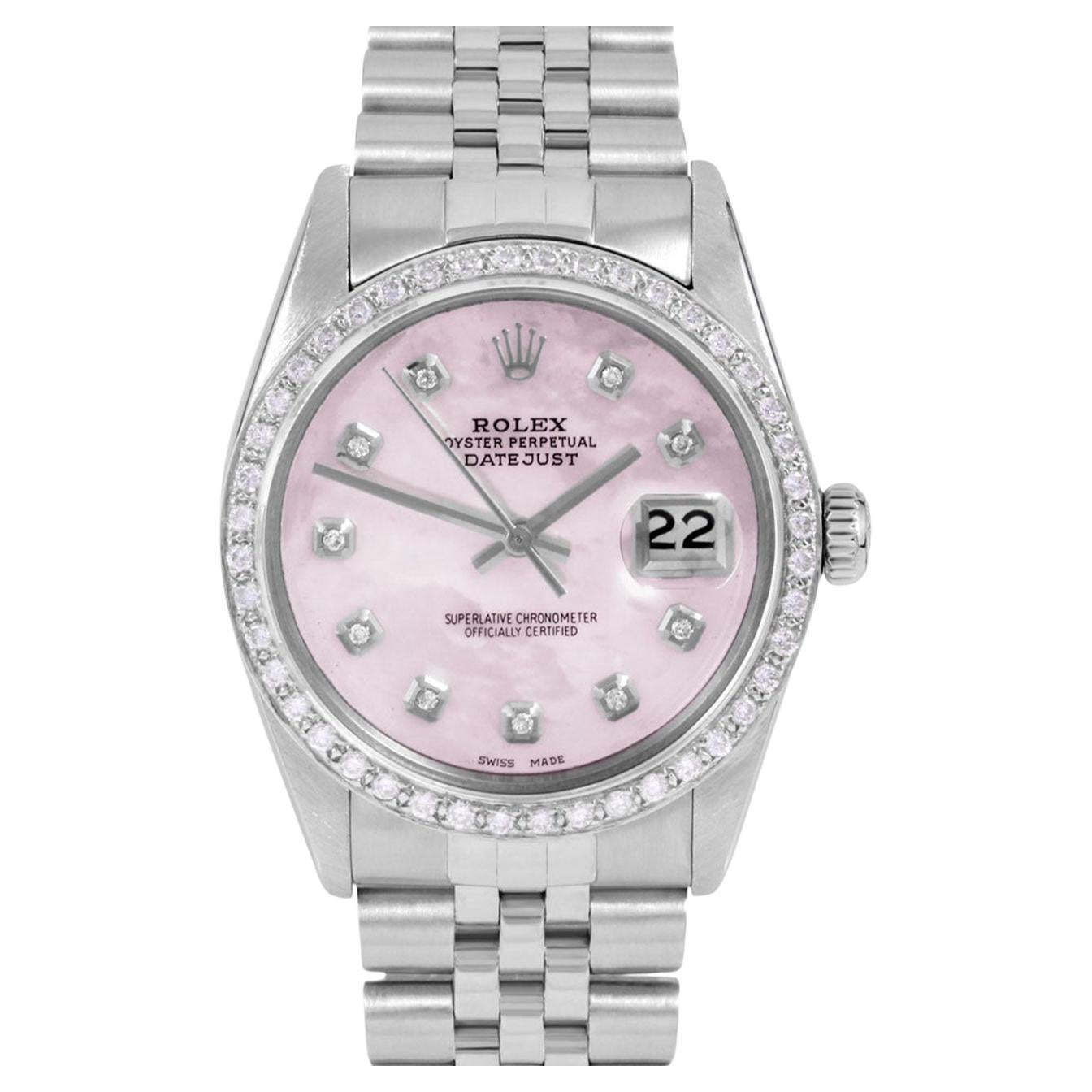 Rolex Mens Datejust Pink MOP Diamond Dial Diamond Bezel Jubilee Watch