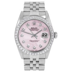 Vintage Rolex Mens Datejust Pink MOP Diamond Dial Diamond Bezel Jubilee Watch