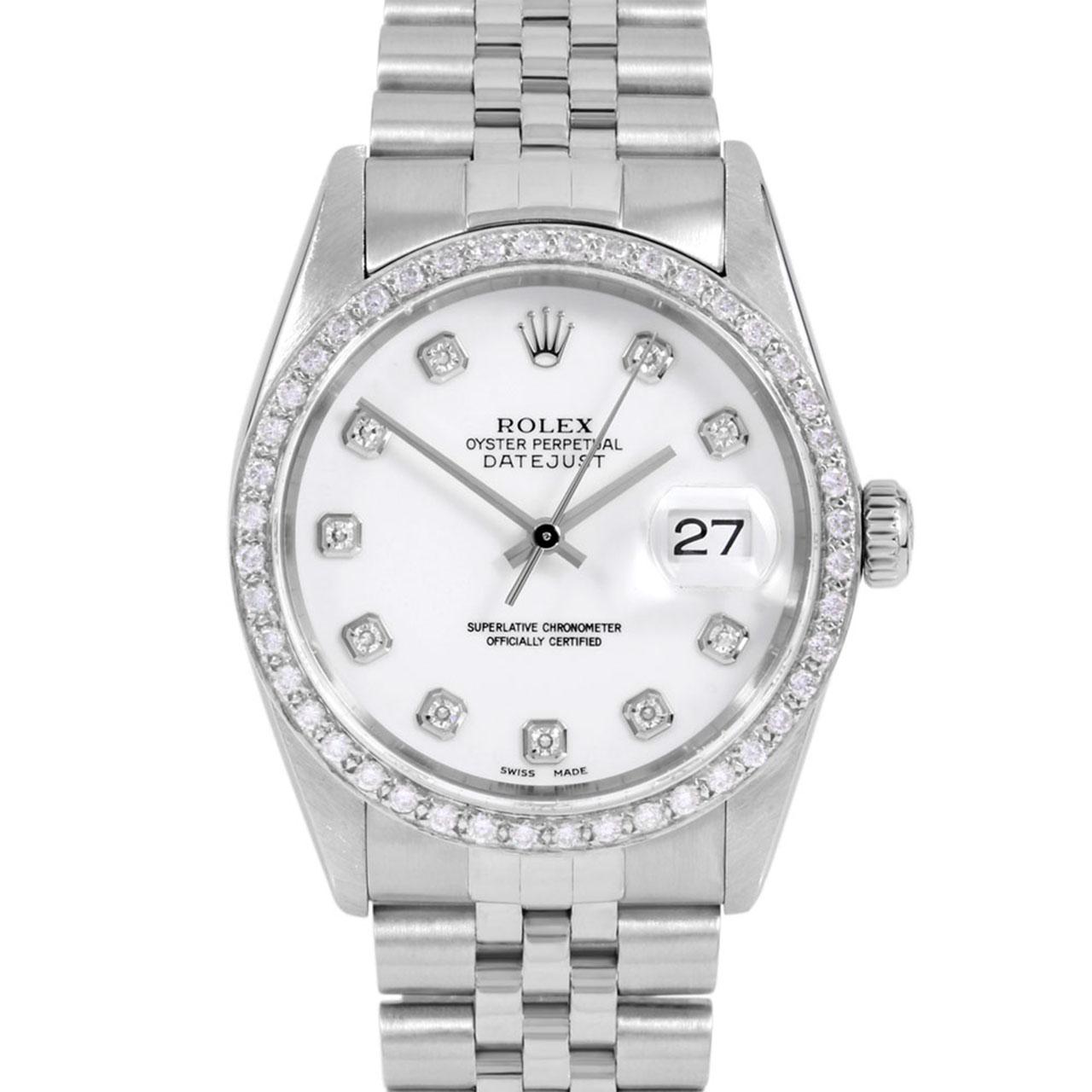 Swiss Wrist - SKU 16014-WHT-DIA-AM-BDS-JBL

Brand : Rolex
Model : Datejust Ref# 16014 - Plastic Quickset Model 
Gender : Mens
Metals :  Stainless Steel
Case Size : 36 mm
Dial : Custom White Diamond Dial (This dial is not original Rolex And has been