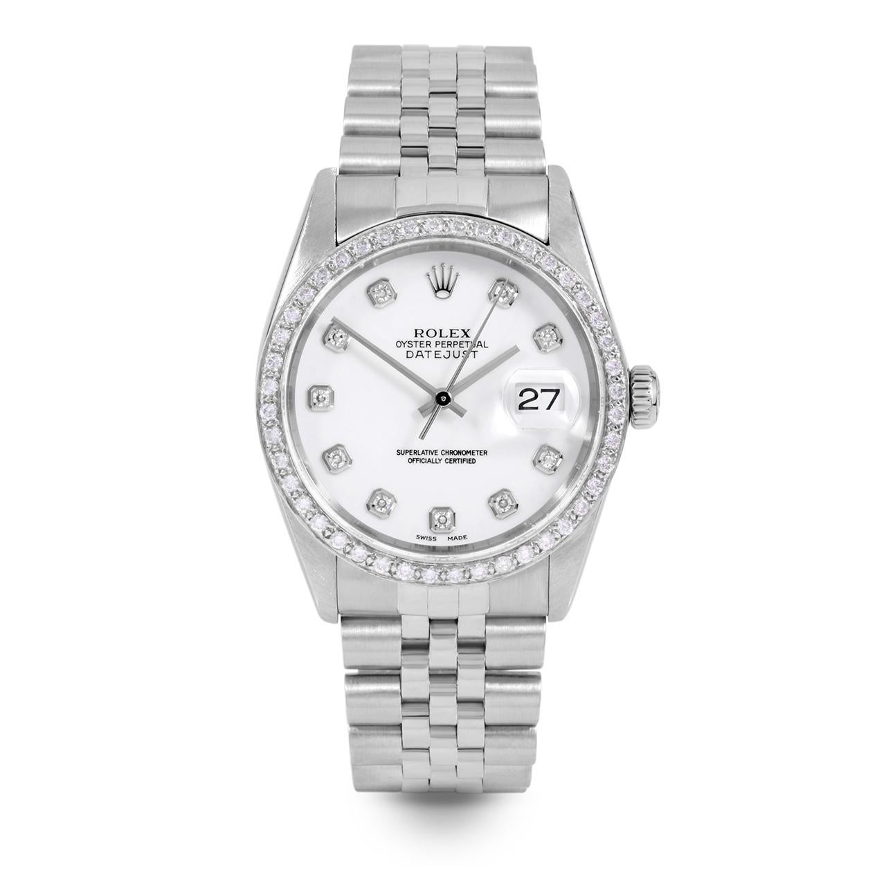 Perle Rolex Montre Datejust avec cadran blanc et lunette en diamants, pour hommes 36 mm en vente
