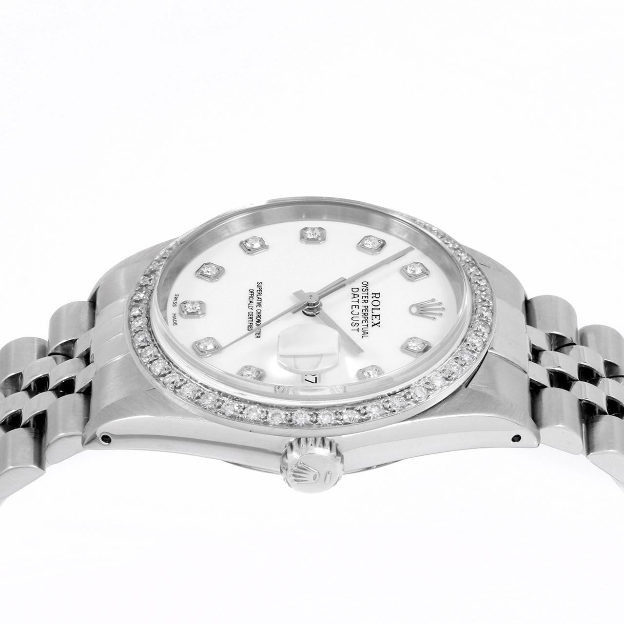 Rolex Montre Datejust avec cadran blanc et lunette en diamants, pour hommes 36 mm Bon état - En vente à San Pedro, CA