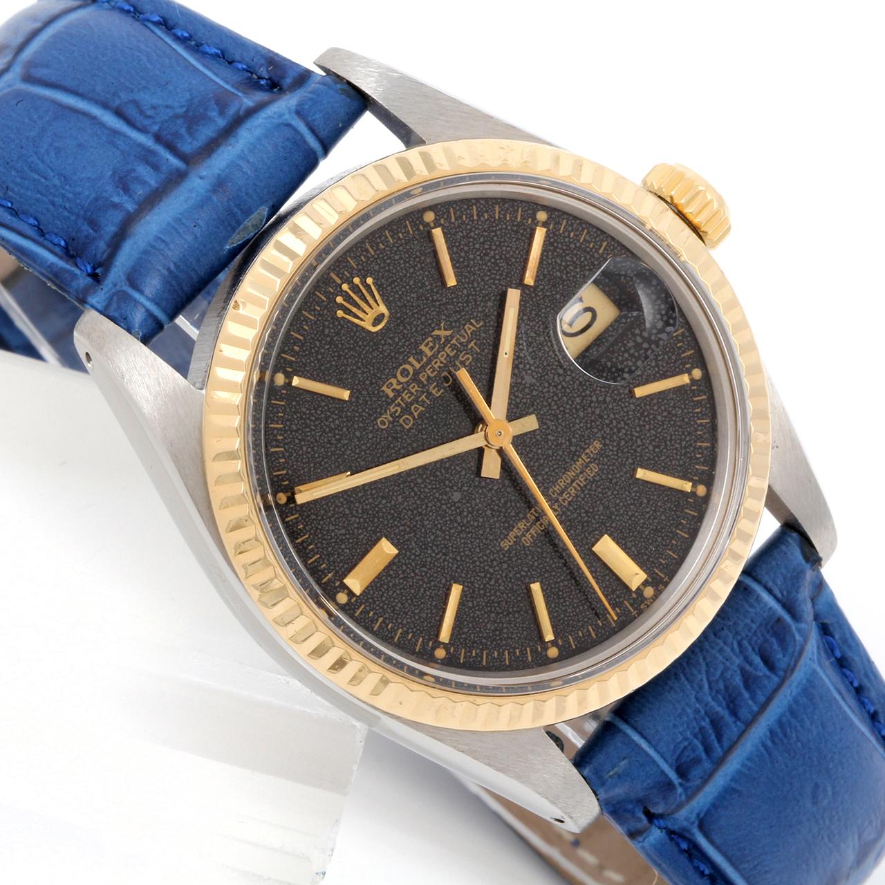 Rolex Herren 36mm TT Datejust Schwarz Patina Zifferblatt Blaue Lederarmbanduhr Ref#16013 im Zustand „Gut“ in Los Angeles, CA