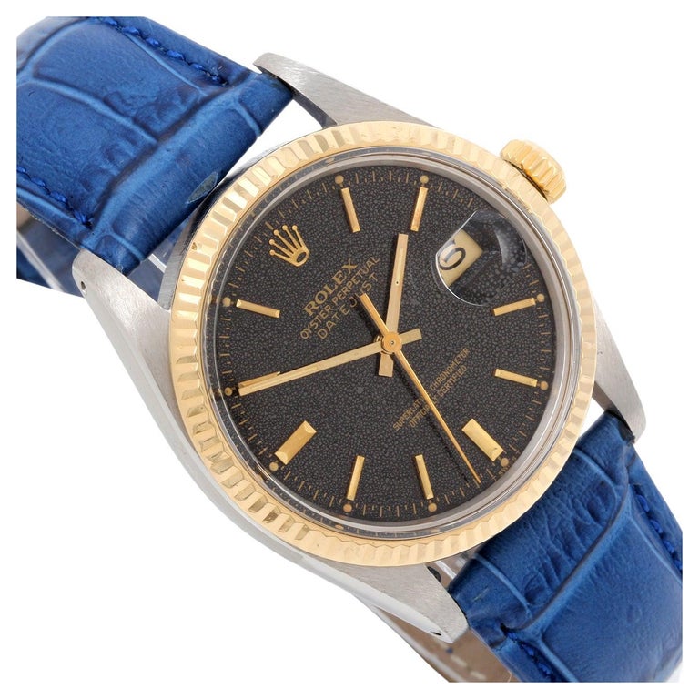 Rolex Montre Datejust 36mm TT avec cadran noir patiné et bracelet en cuir  bleu, pour hommes, réf. 16013 En vente sur 1stDibs