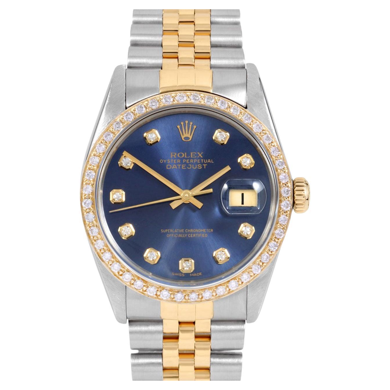 Rolex Mens TT Datejust Blue Diamond Dial Diamond Bezel Watch Ref#16013 For Sale