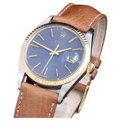 Rolex Mens TT Datejust Blue Stick Dial Leather Strap Watch Ref#16013