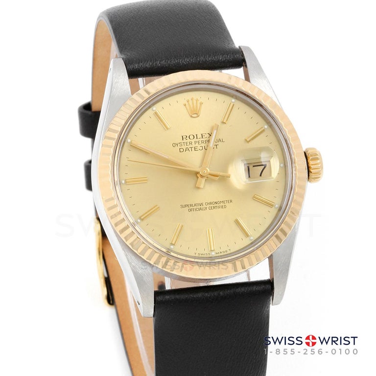 Rolex Montre pour homme 36 mm TT Datejust Champagne avec cadran et bracelet  en cuir noir, réf. 16013 En vente sur 1stDibs