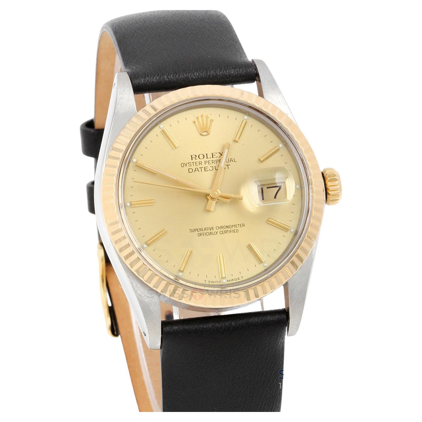 Rolex Mens 36mm TT Datejust Champagne Dial Black Leather Strap Watch Ref#16013 For Sale