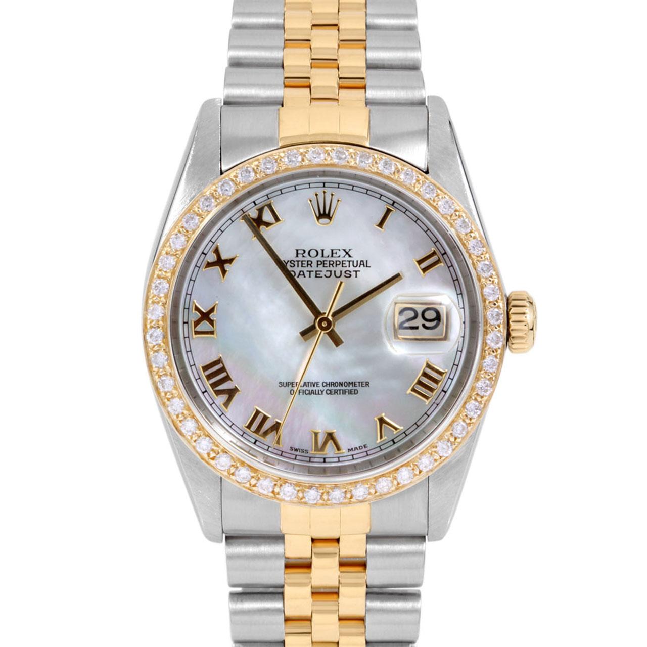 Swiss Wrist - 

Brand : Rolex
Model : Datejust Ref# 16013 - Plastic Quickset Model 
Gender : Mens
Metals : 14K Yellow Gold/ Stainless Steel
Case Size : 36 mm
Dial : Custom Mother Of Pearl Roman Numeral Dial (This dial is not original Rolex And has