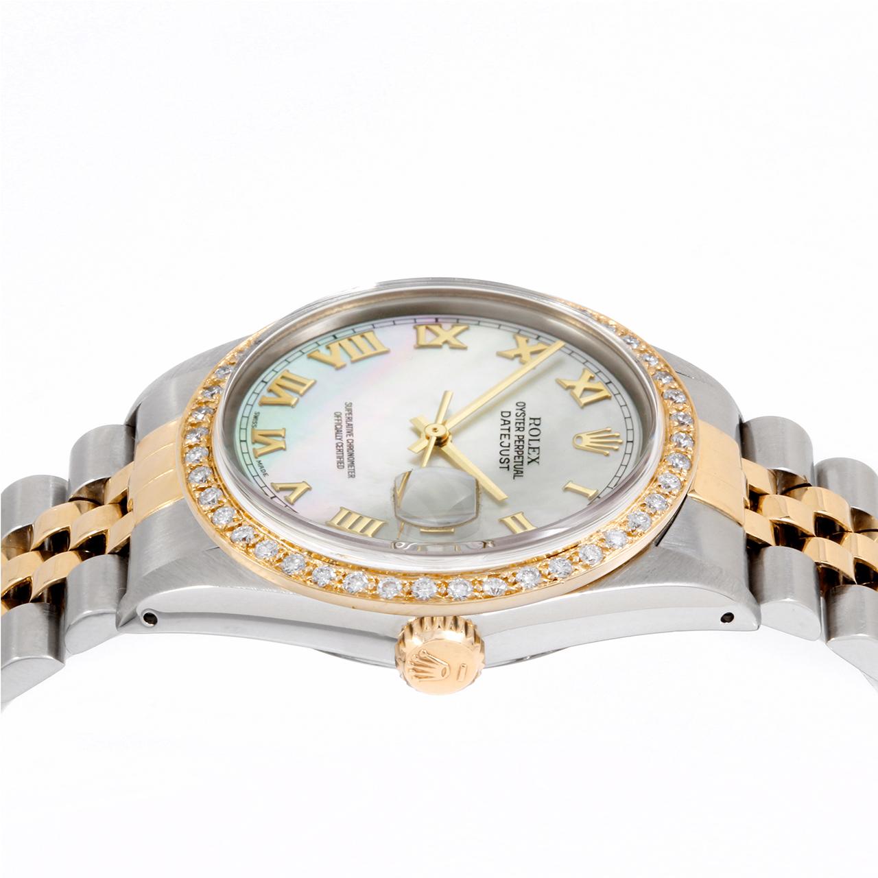 Perle Rolex Mens TT Datejust MOP Roman Numeral Dial Diamond Bezel Watch Ref#16013 en vente