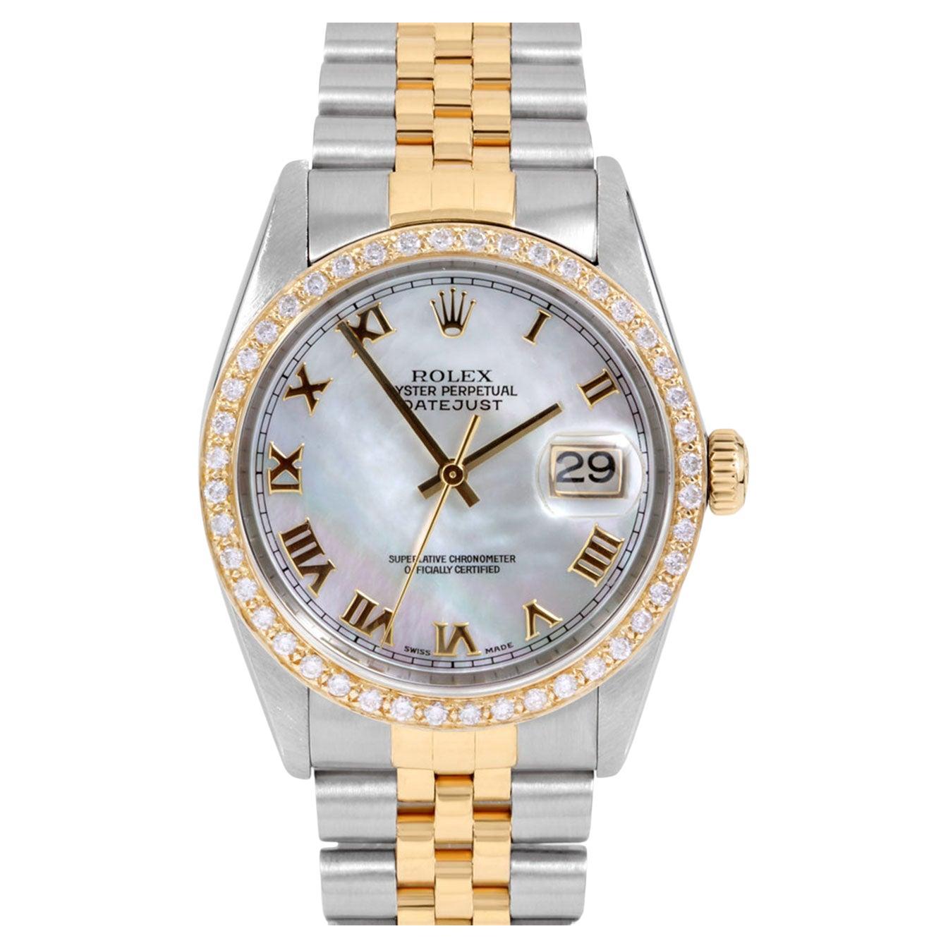 Rolex Mens TT Datejust MOP Roman Numeral Dial Diamond Bezel Watch Ref#16013 en vente