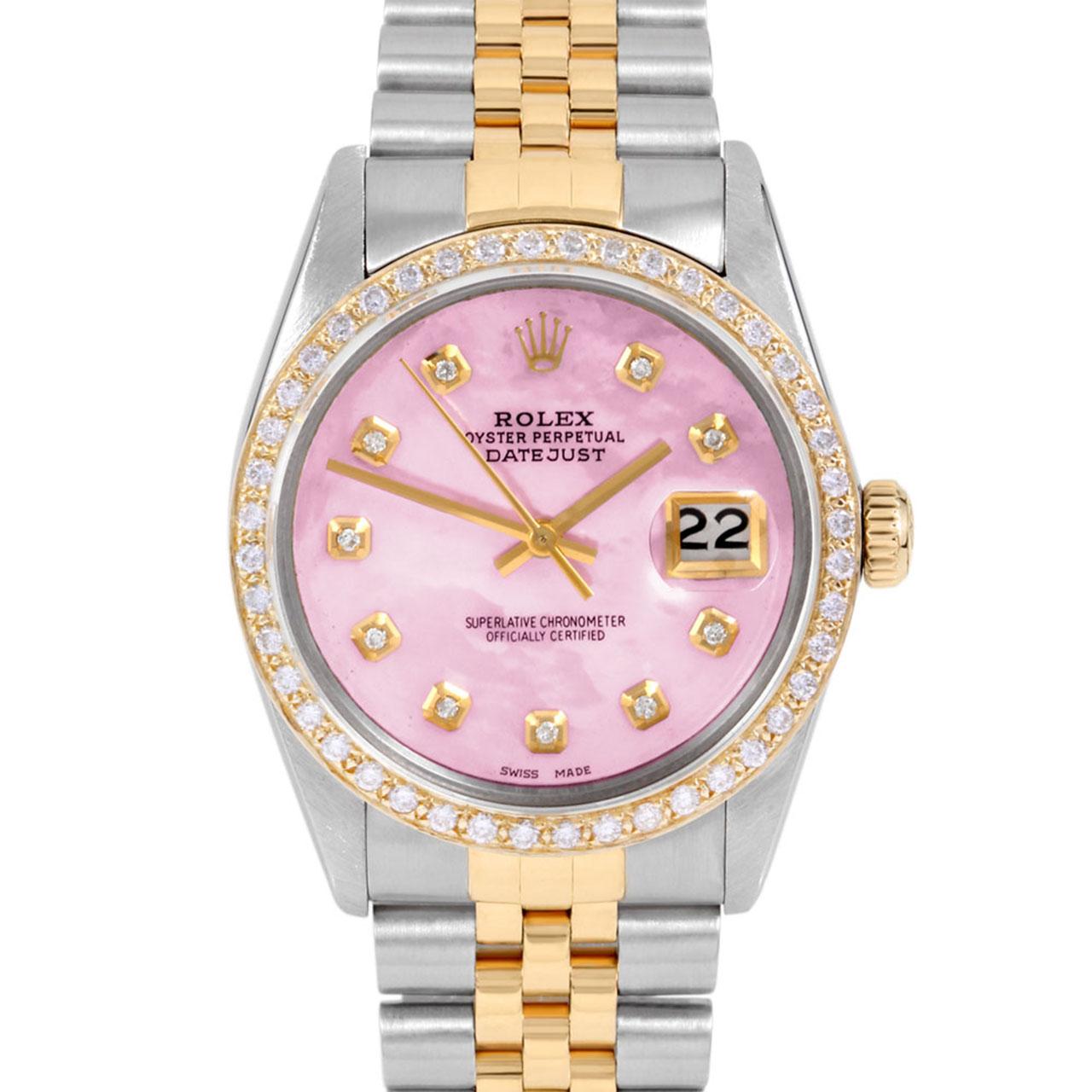 Swiss Wrist - SKU 16013-PMOP-DIA-AM-BDS-JBL

Brand : Rolex
Model : Datejust Ref# 16013 - Plastic Quickset Model 
Gender : Mens
Metals : 14K Yellow Gold/ Stainless Steel
Case Size : 36 mm
Dial : Custom Pink Mother Of Pearl Diamond Dial (This dial is