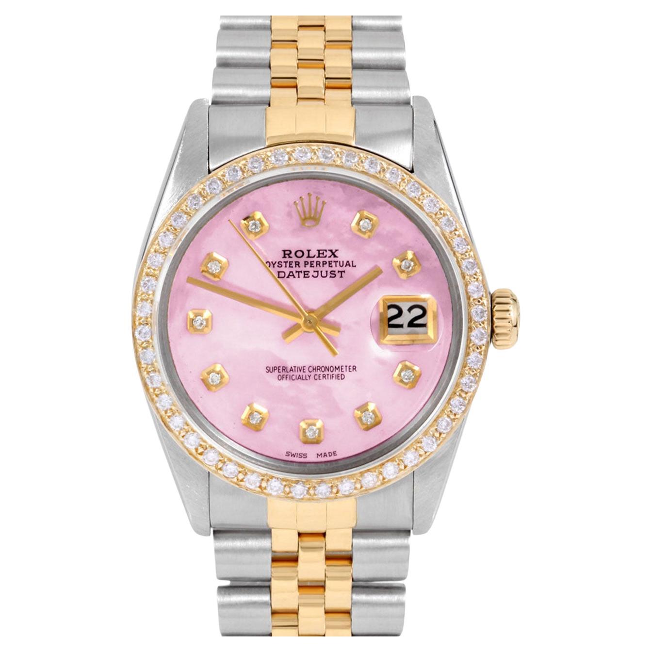 Rolex Mens TT Datejust Pink MOP Diamond Dial Diamond Bezel Watch Ref#16013 For Sale