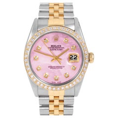 Rolex Mens TT Datejust Pink MOP Diamond Dial Diamond Bezel Watch Ref#16013