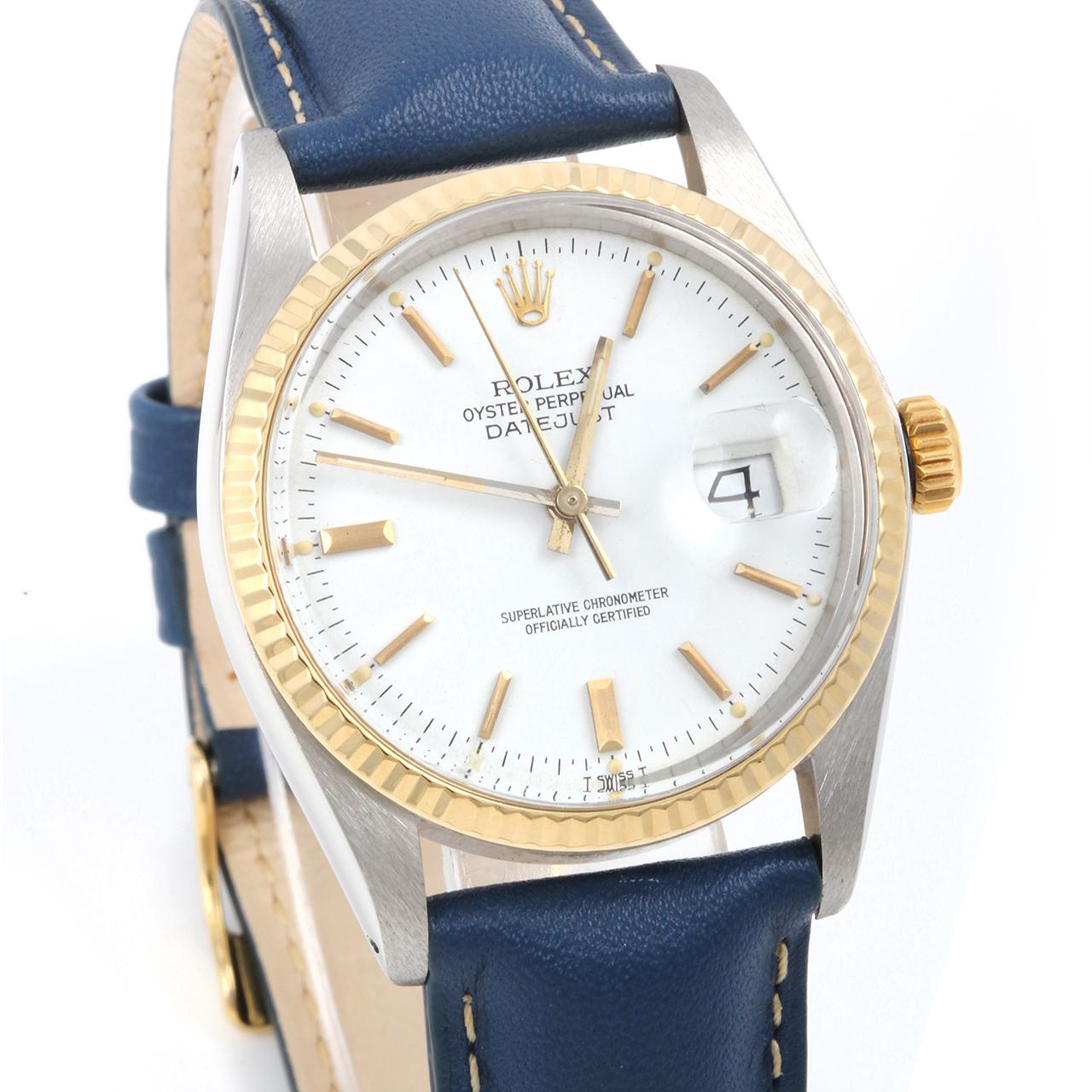 Rolex Herren TT Datejust Weißes Stick Zifferblatt Blaue Lederarmbanduhr Ref#16013 im Zustand „Gut“ in Los Angeles, CA