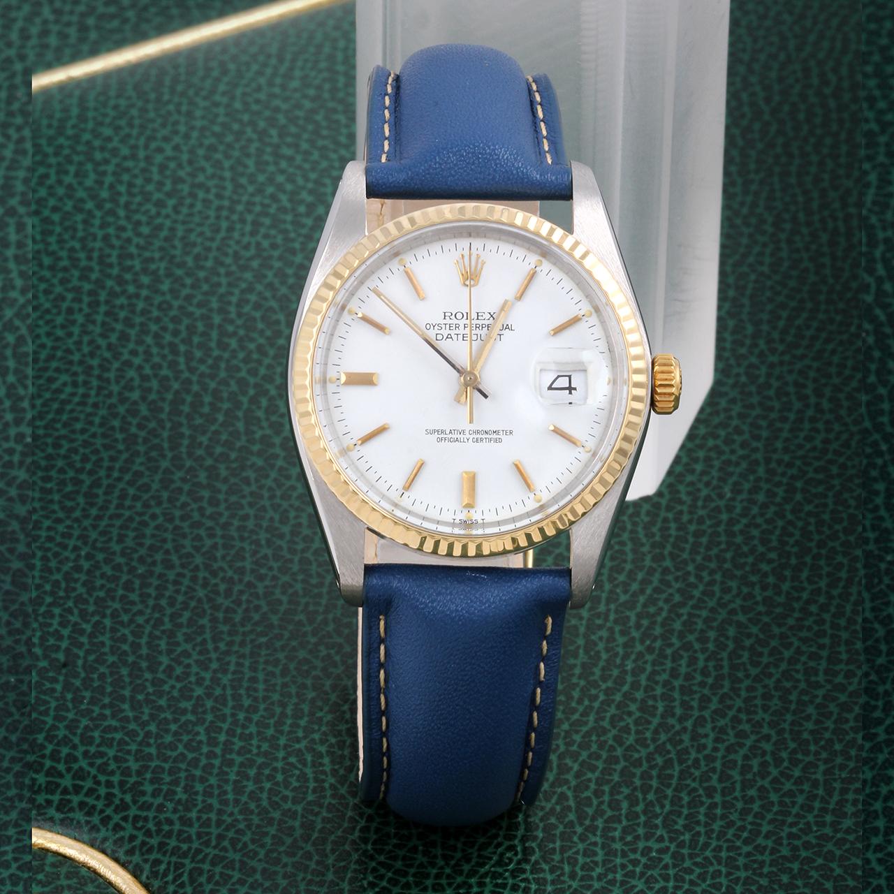 Rolex Herren TT Datejust Weißes Stick Zifferblatt Blaue Lederarmbanduhr Ref#16013 1