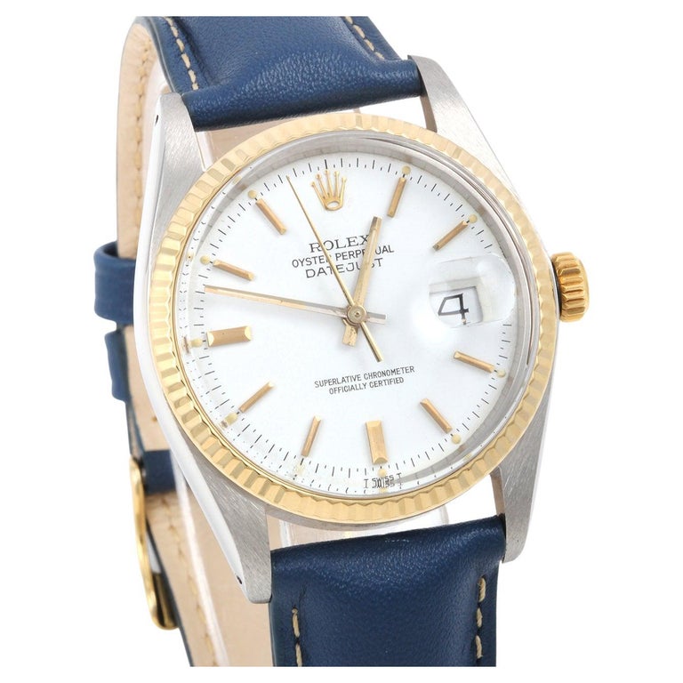Rolex Men's TT Datejust White Stick Dial Blue Leather Strap Watch Ref#16013  For Sale at 1stDibs | albino stick, rolex watch with plastic band, rolex  16233 leather strap