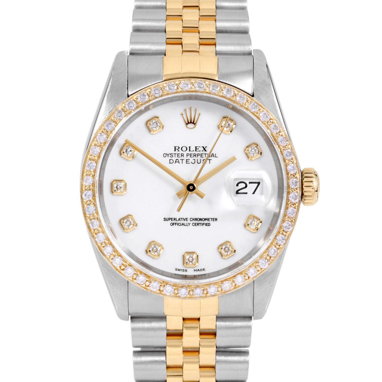 Swiss Wrist - SKU 16013-WHT-DIA-AM-BDS-JBL

Brand : Rolex
Model : Datejust Ref# 16013 - Plastic Quickset Model 
Gender : Mens
Metals : 14K Yellow Gold/ Stainless Steel
Case Size : 36 mm
Dial : Custom White Diamond Dial (This dial is not original