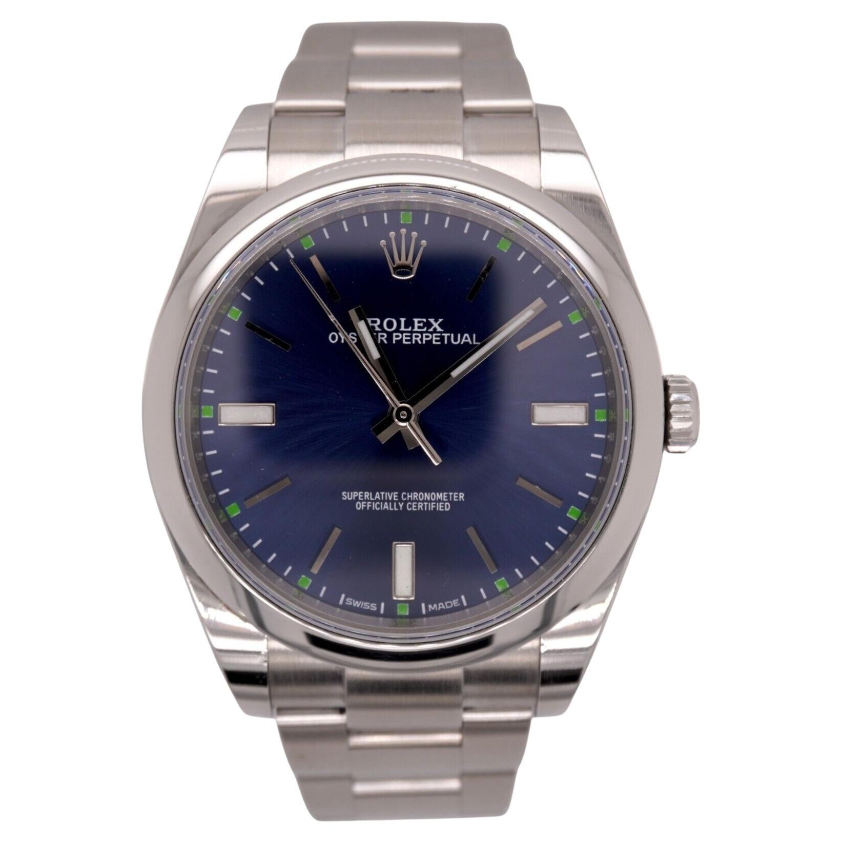 Rolex Men's 39mm Oyster Perpetual Stainless Steel Blue Dial Watch Ref: 114300 For Sale