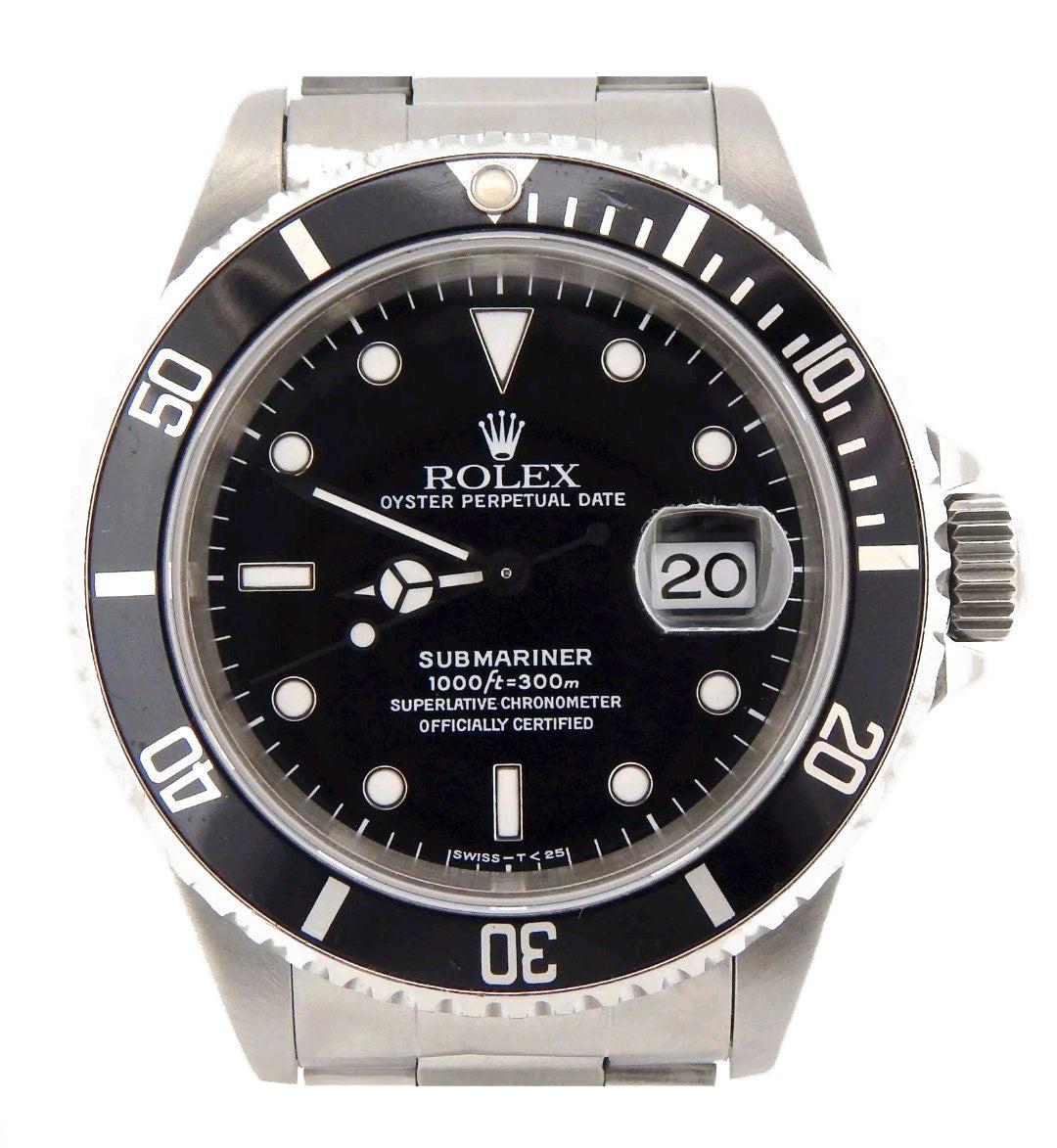 Brand - Rolex
Model - 16610 Submariner
Gender - Men's
Case Size - 40mm
Dial - Black sub 
Bezel - Steel rotating
Crystal - Saphire
Movement - Automatic Rolex CAL.3135
Band - Steel Oyster
Wrist Size - 8 Inches