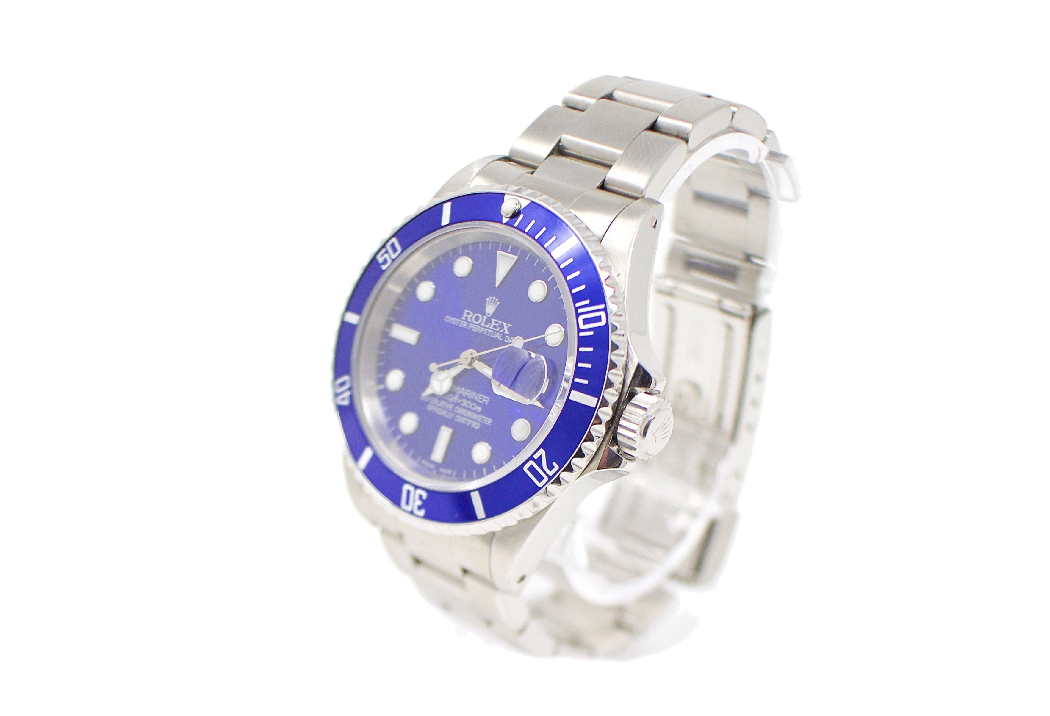 Brand - Rolex
Model - 16610 Submariner
Gender - Men's
Case Size - 40mm
Dial - Refinished Blue
Bezel - Rolex Steel ./Custom Blue 
Crystal - Saphire 
Movement - Automatic Rolex CAL.3135
Band - Steel Oyster 
Wrist Size - 8 Inches

Two Year In House