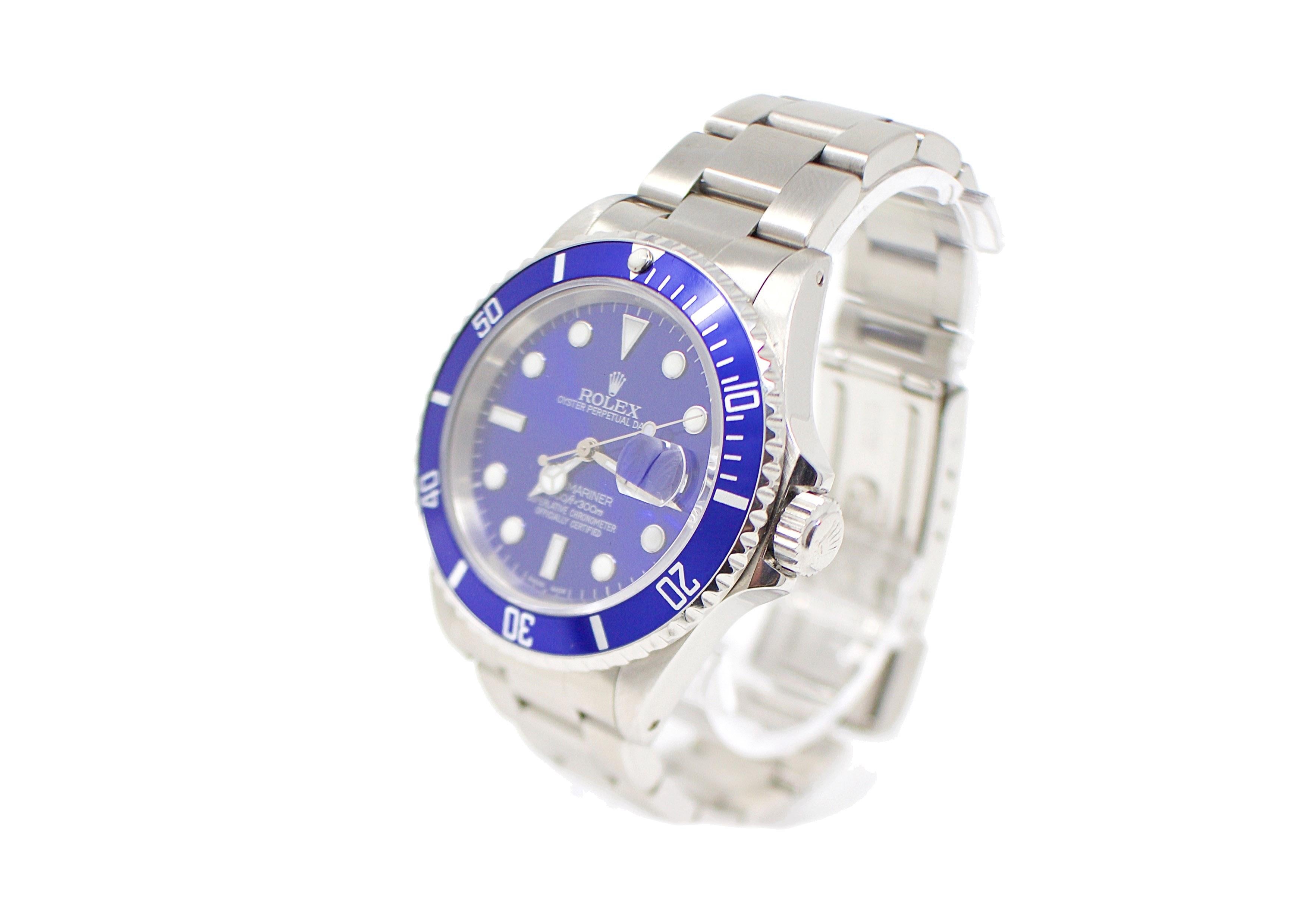 Marke - Rolex
Modell - 16610 Submariner
Geschlecht - Männer
Gehäusegröße - 40mm
Zifferblatt - Refinished Blue
Lünette - Rolex Stahl ./Custom Blue 
Kristall - Saphir 
Uhrwerk - Automatik Rolex CAL.3135
Band - Steel Oyster 
Handgelenk Größe - 8