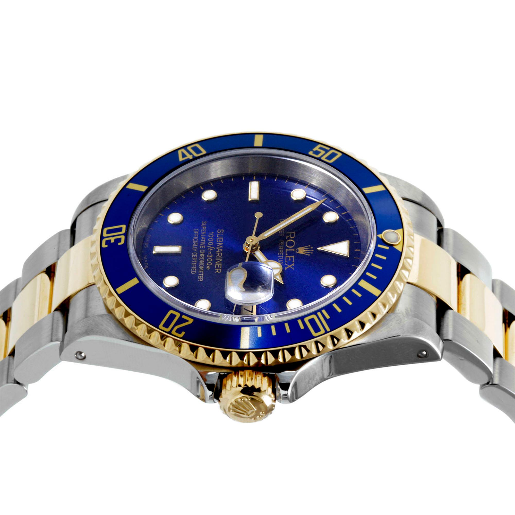(WATCH DESCRIPTION)
Model - 16613/Submariner
Gender - Mens 
Case size - 40mm
Metals - stee/Yellow gold
Dial - Blue Sub Dial
Wrist band - two-tone Oyster
Movement - Automatic Cal-3135
Bezel - sport rotating 
Wrist size - 7 1/2 plus divers extension 

