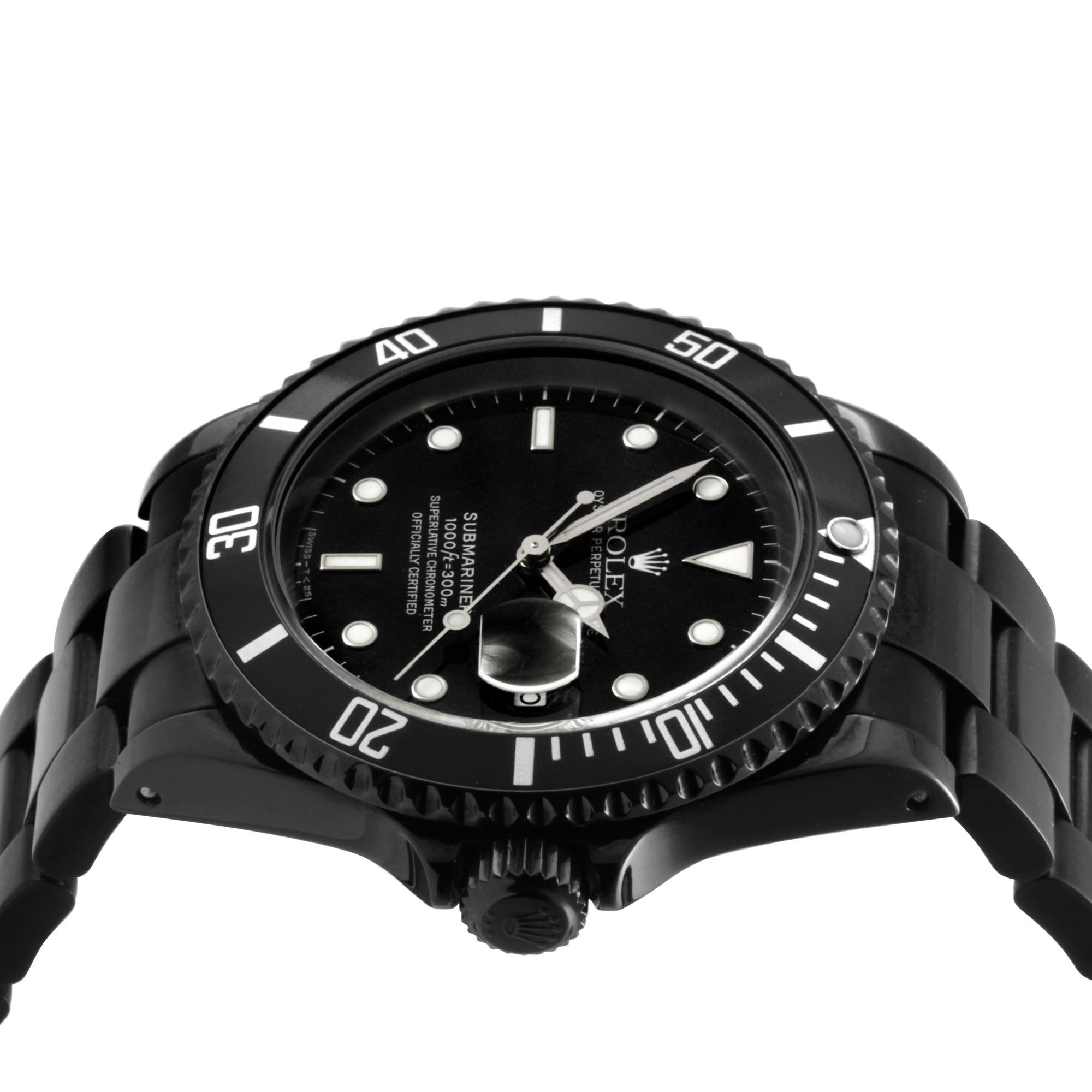 (Watch description.)
Brand - Rolex
Model - 16610 Submariner
Metals - Stainless steel (DLC-PVD BLACK COATED)
Case size - 40mm
Dial - Rolex Black Sub
Bezel - Rotating steel black insert
Crystal - Sapphire
Movement - Rolex CAL-3135
Band - Rolex Oyster