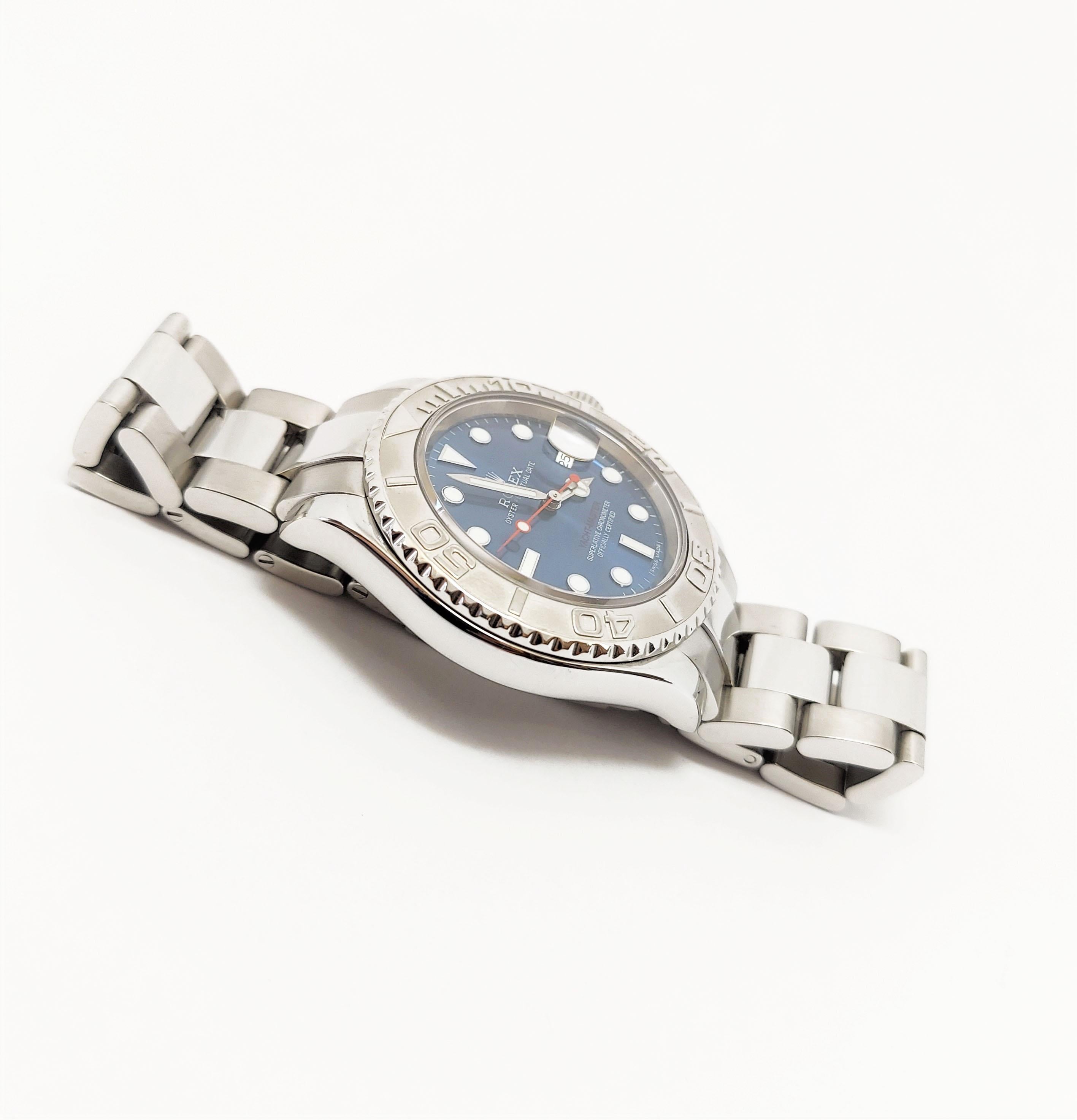 Brand - Rolex
Model - 16622 Yatchmaster
Metals - stainless steel
Case size - 40mm
Bezel -  Rotating Steel
Crystal - Sapphire
Movement - Automatic Rolex cal.3135
Dial - Custom blue 
Wrist band - Rolex oyster steel
Wrist size - 8  inches

Two Year In