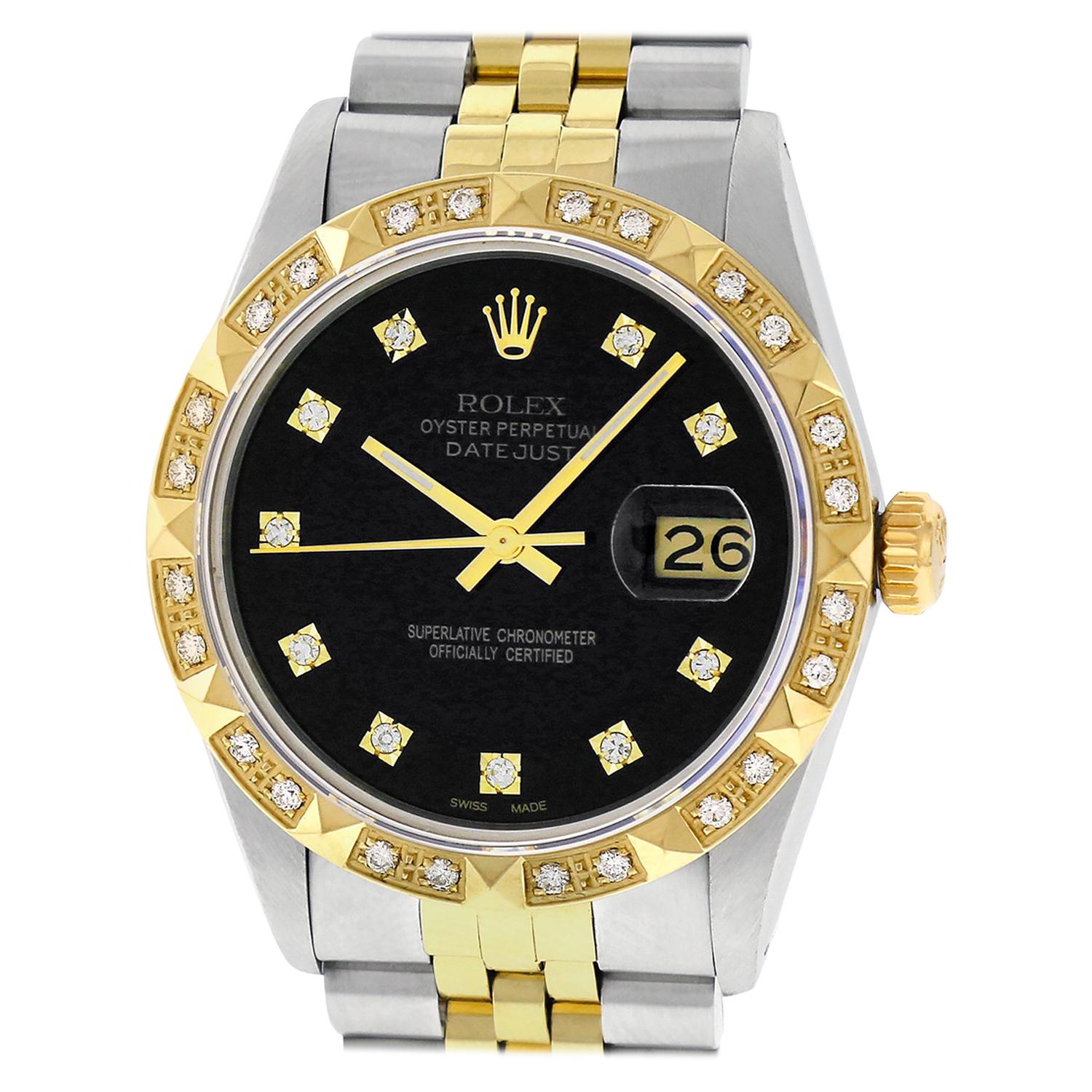 Rolex Men’s Datejust 16013 SS and 18 Karat Gold Black Diamond Dial and Bezel