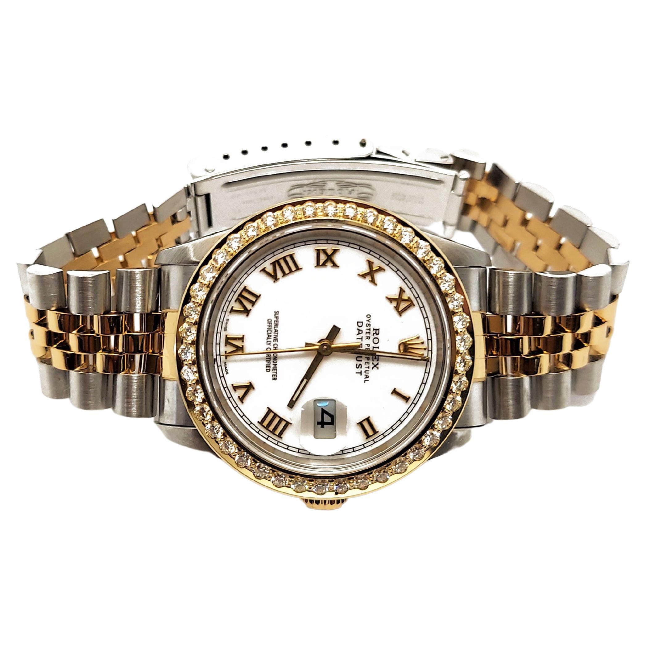 Brand - Rolex
Model - 16233 datejust
Condition - pre owned
Metals - solid gold & stainless steel
Case size - 36 mm
Bezel - yellow gold diamond
Crystal - sapphire
Movement - automatic caliber 3135
Dial - roman numeral
Wrist band - two tone